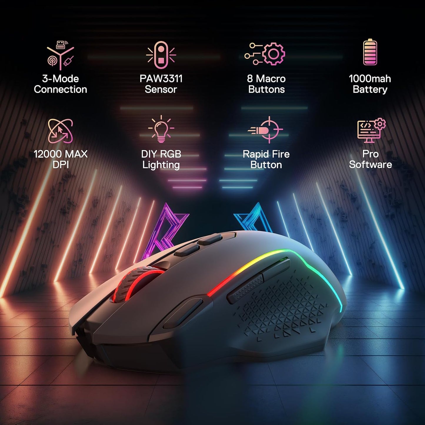 Redragon M810 MAX 3-Mode Wireless Gaming Mouse, 12000 DPI Wired/Wireless RGB Mouse w/Rapid Fire Key, 8 Macro Buttons, 188-Hour Reliable Power Capacity for PC/Mac/Laptop