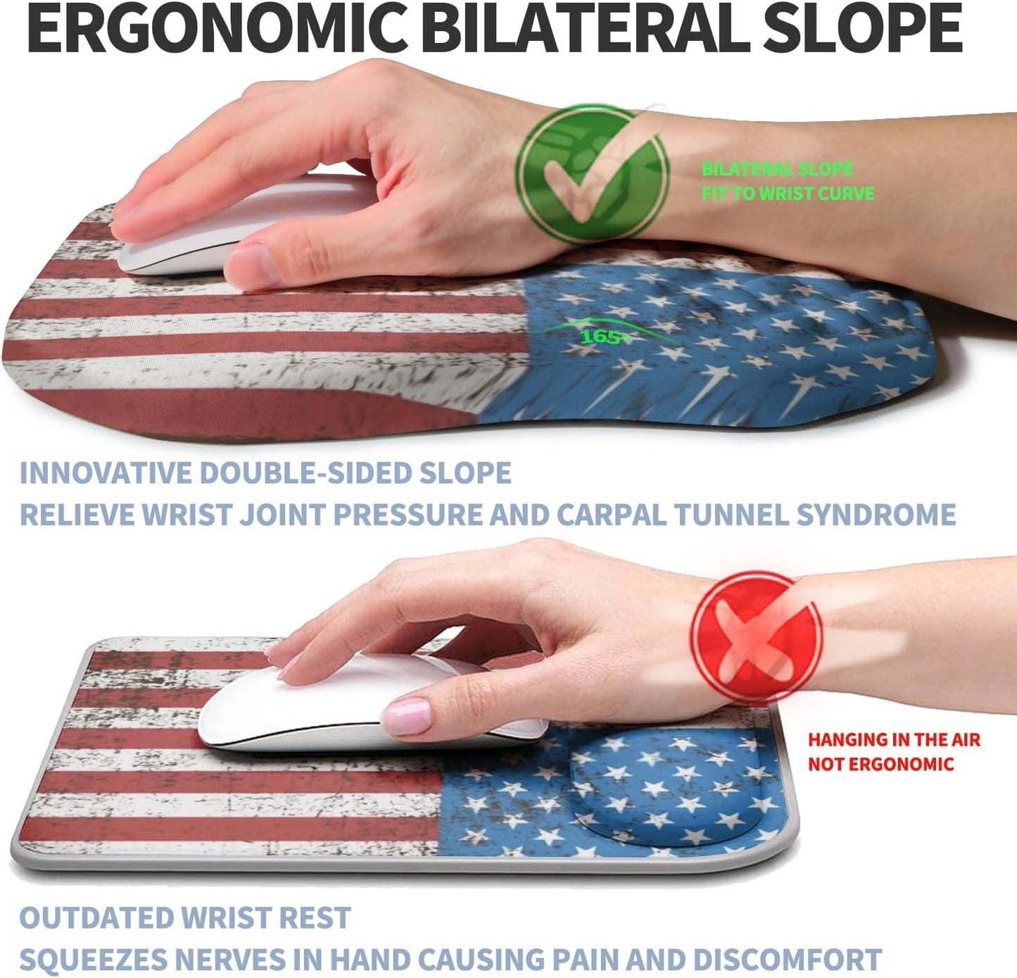 Ergonomic Raised Mouse Pad Wrist Support with Bilateral Slope Memory Foam Mousepad for Wrist Rest and Carpal Tunnel Pain Relief 11.8x7.9〃National Flag