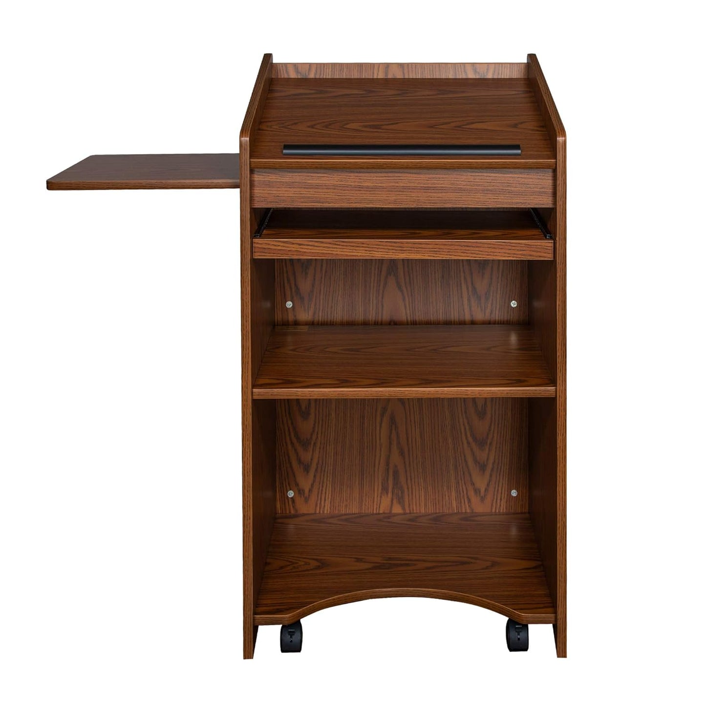 OEF Furnishings Mobile Floor Lectern with Side Shelf And Keyboard Tray, Medium Oak