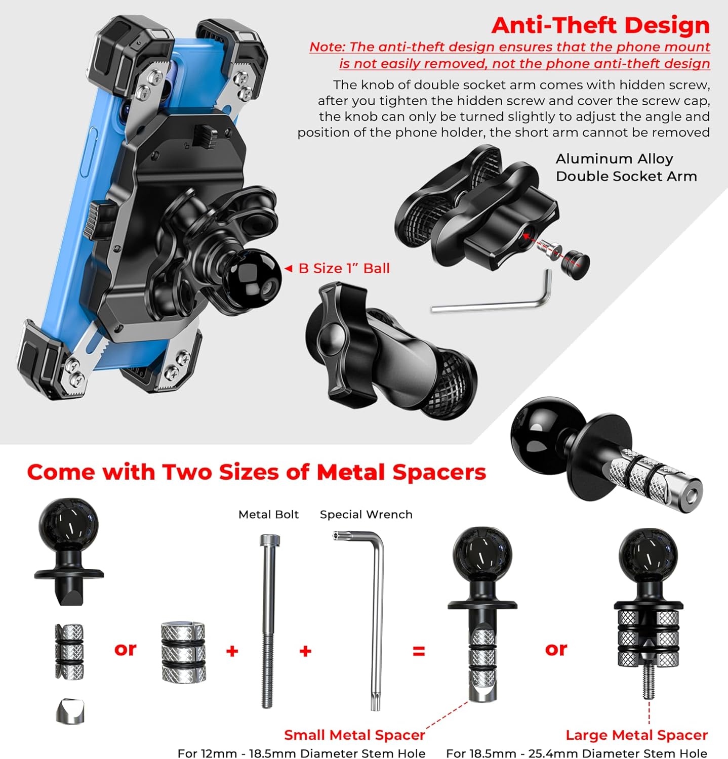 Motorcycle Fork Stem Phone Mount with Vibration Dampener, Motorcycle Cell Phone Holder with Aluminum Alloy Anti-Theft Short Arm, Fit 12mm to 25.4mm Diameter Stem Tubes, for 5.5"-7.2" Phones
