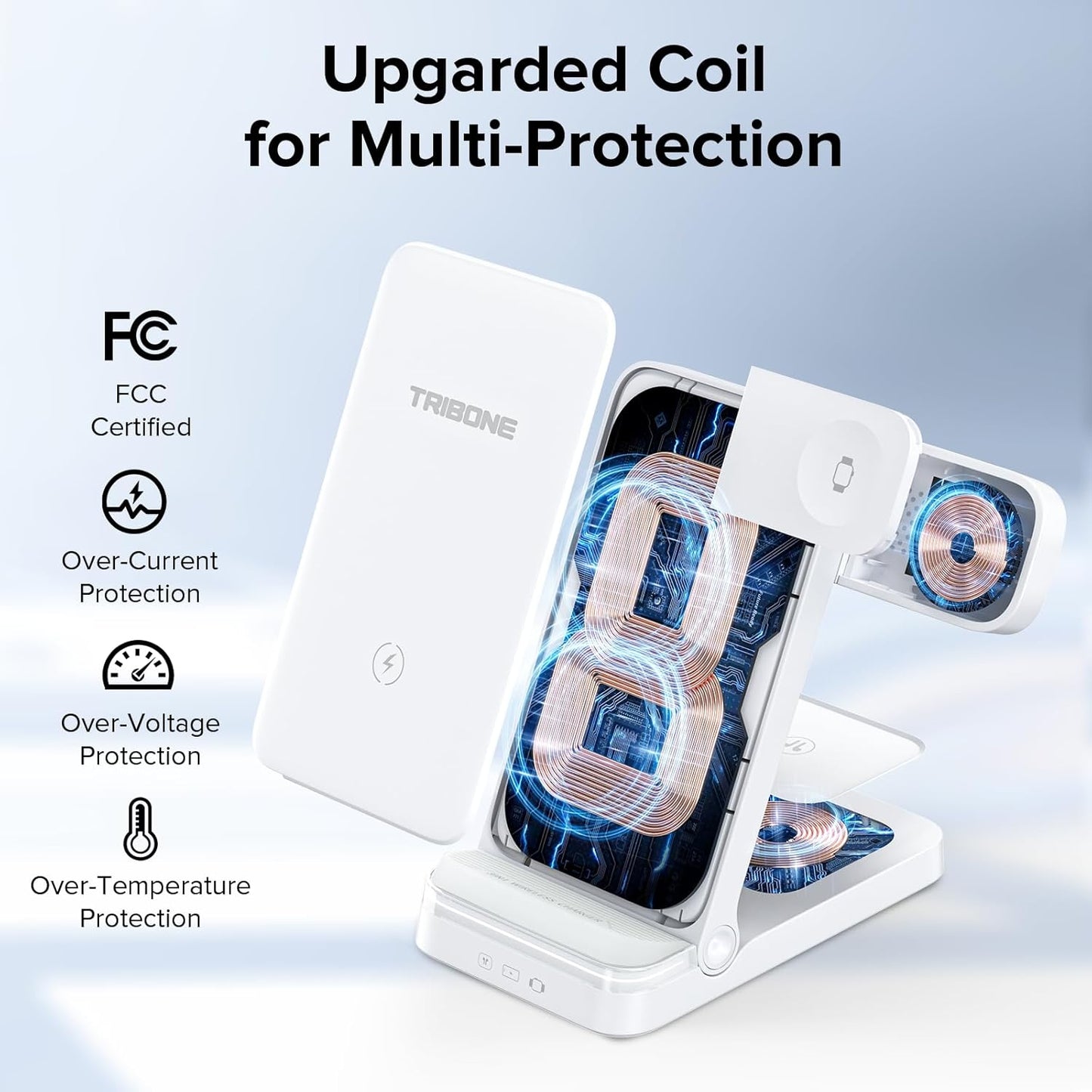 Wireless Charger, Tribone 3 in 1 Foldable Fast Charger for iPhone 16 15 14 13 12 11 Pro Max XR XS 8 Plus,for Multiple Devices，for Apple Watch 10 9 8 7 6 5 4 3 2 SE Ultra,for AirPods Pro 4 3 2 (White)