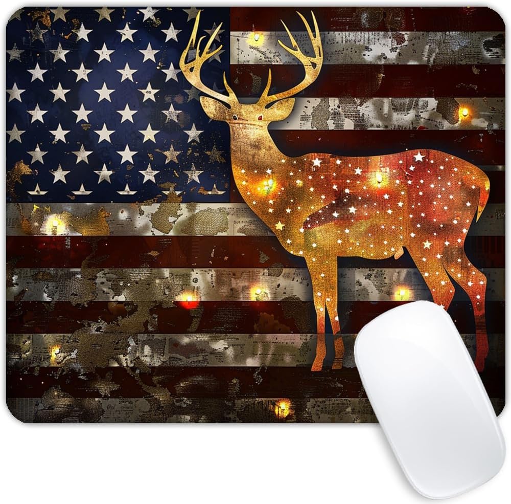 Square Mouse Pad Majestic Deer with Antlers and National Flag-1,Gaming Mouse Pads for Desk,Soft Computer Waterproof Non-Slip Mouse Mat