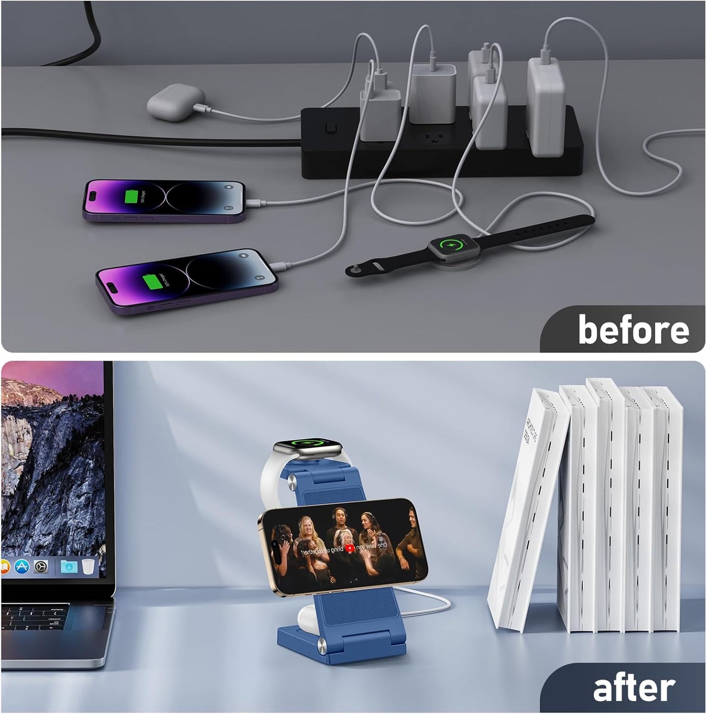 Magnetic Wireless Charger Stand, 3 in 1 Foldable Wireless Charging Station, Travel Charger for Multiple Devices for iPhone 16 15 14 13 12 Series, Apple Watch Ultra/SE/9/8/7/6/5/4/3/2, AirPods