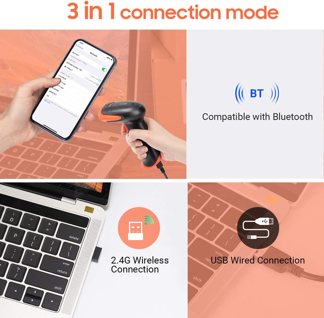 Tera Wireless 2D QR Barcode Scanner with Stand, 3 in 1 Compatible with Bluetooth & 2.4GHz Wireless & USB Wired Barcode Reader Handheld Bar Code Reader HW0001