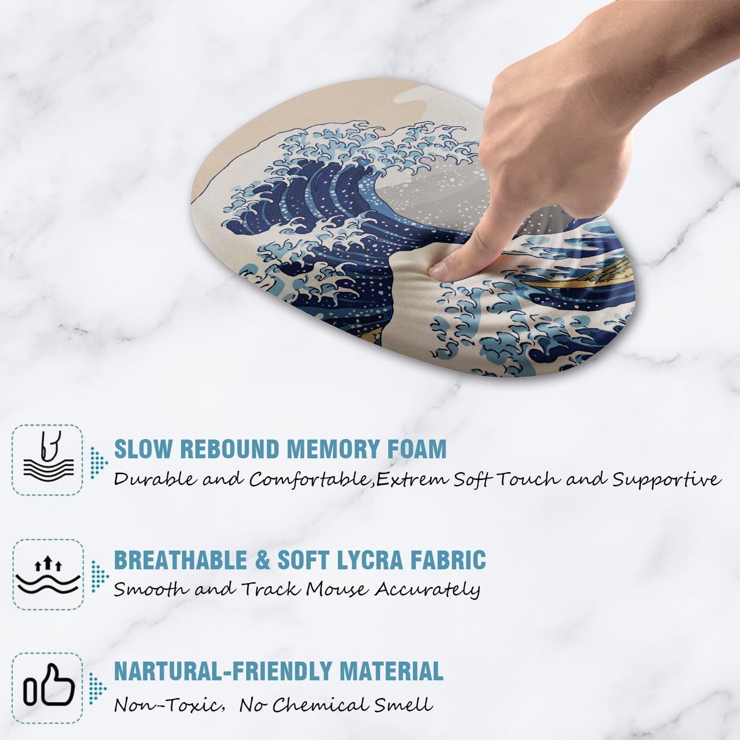 Ergonomic Mouse Pad Wrist Rest, Japanese Sea Wave Mouse Pad with Wrist Support, Memory Foam Massage Design & Non-Slip PU Base MousePads for Pain Relief, Desk, Office, Home, Kanagawa Wave