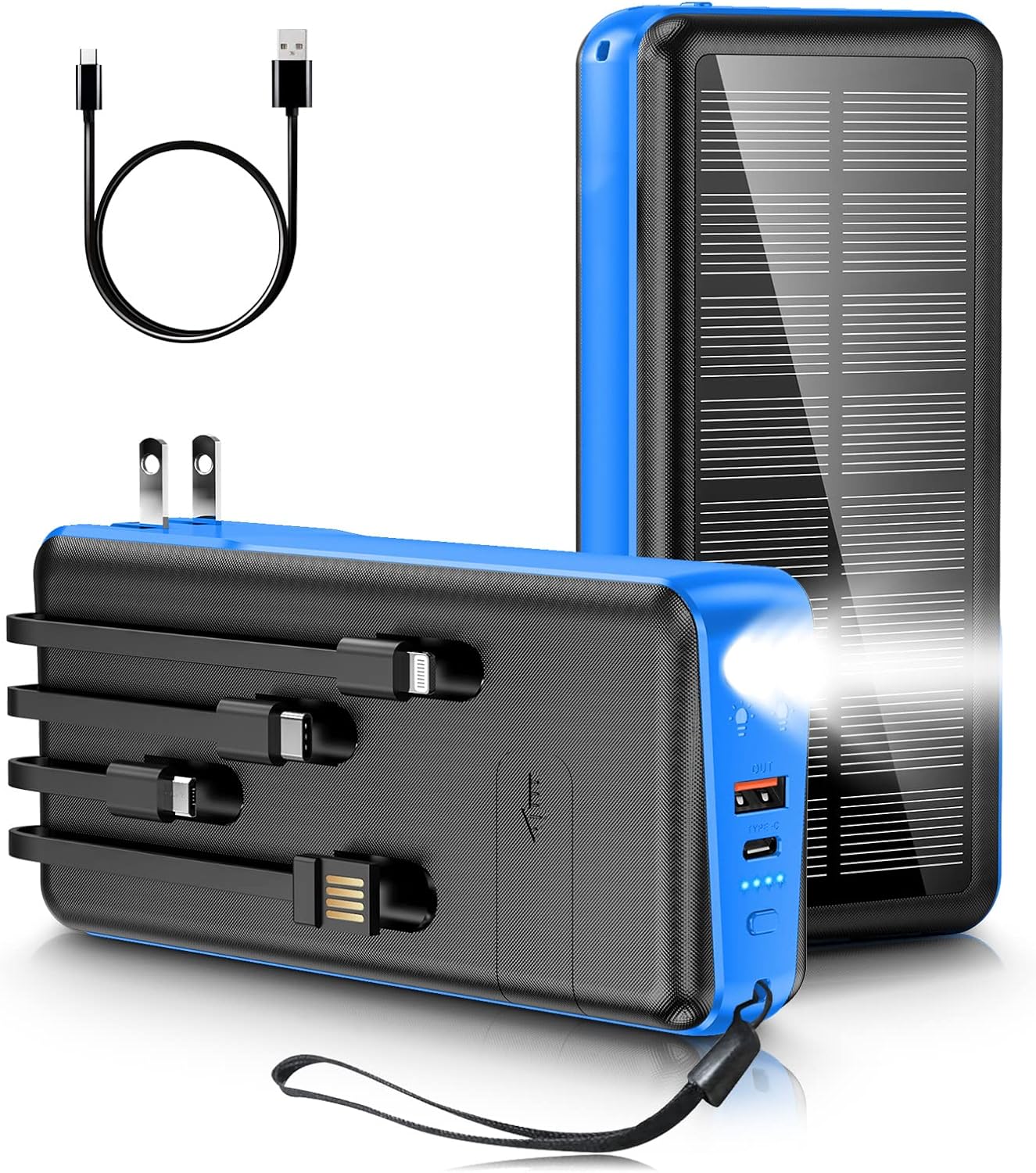 Portable Charger with Built in Cable and Wall Plug 50000mAh PD30W Fast Charging Solar Power Bank with 5 Output & 2 Input Dual LED Flashlights Phone Holder External Battery Pack (Blue)