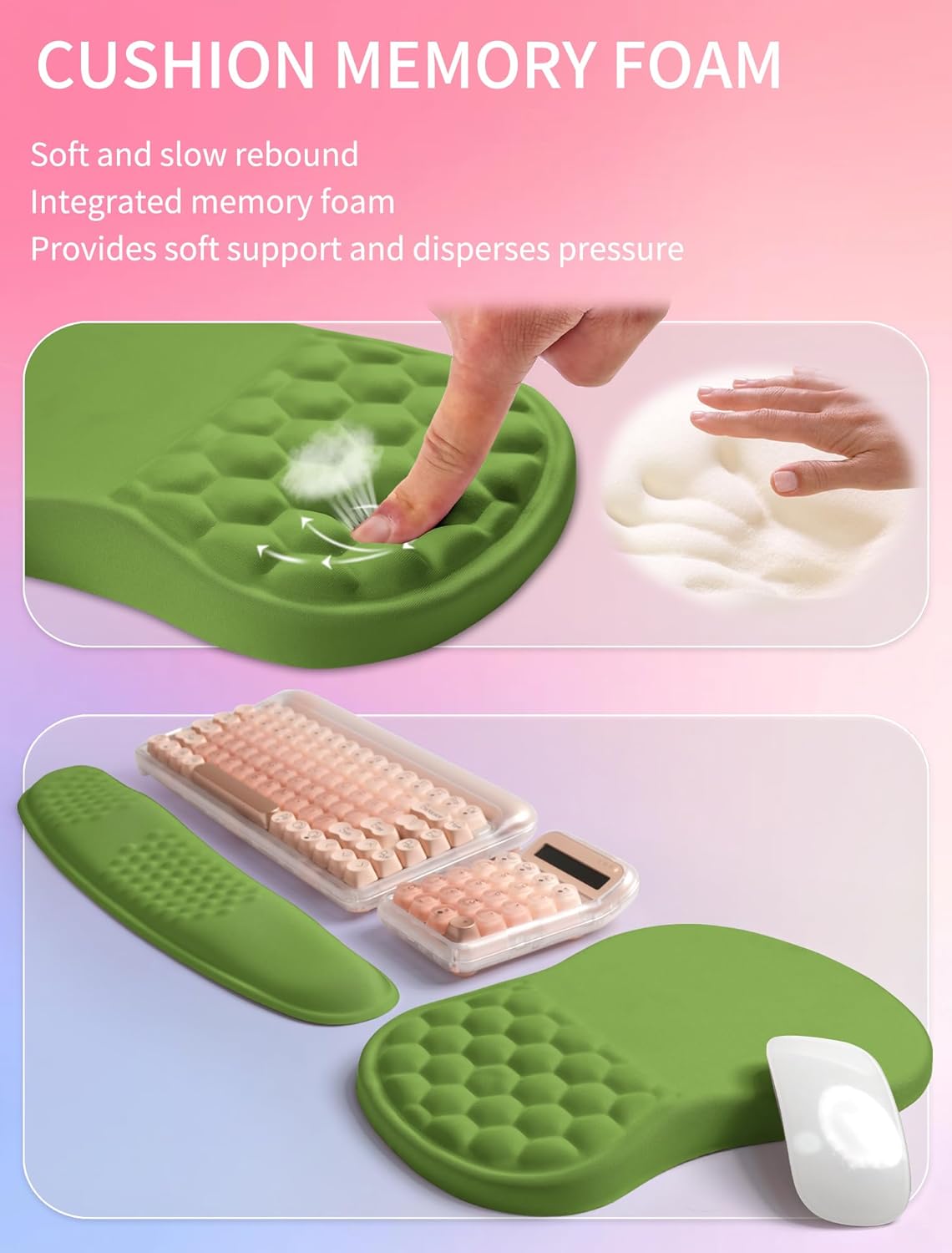 Hokafenle 2in1 Combination, Wave Keyboard Wrist Rest and Ergonomic Curvature Mouse Pad Wrist Support for Relieve Wrist Pain, Filled with Soft Cushion Memory Foam, Dill Green