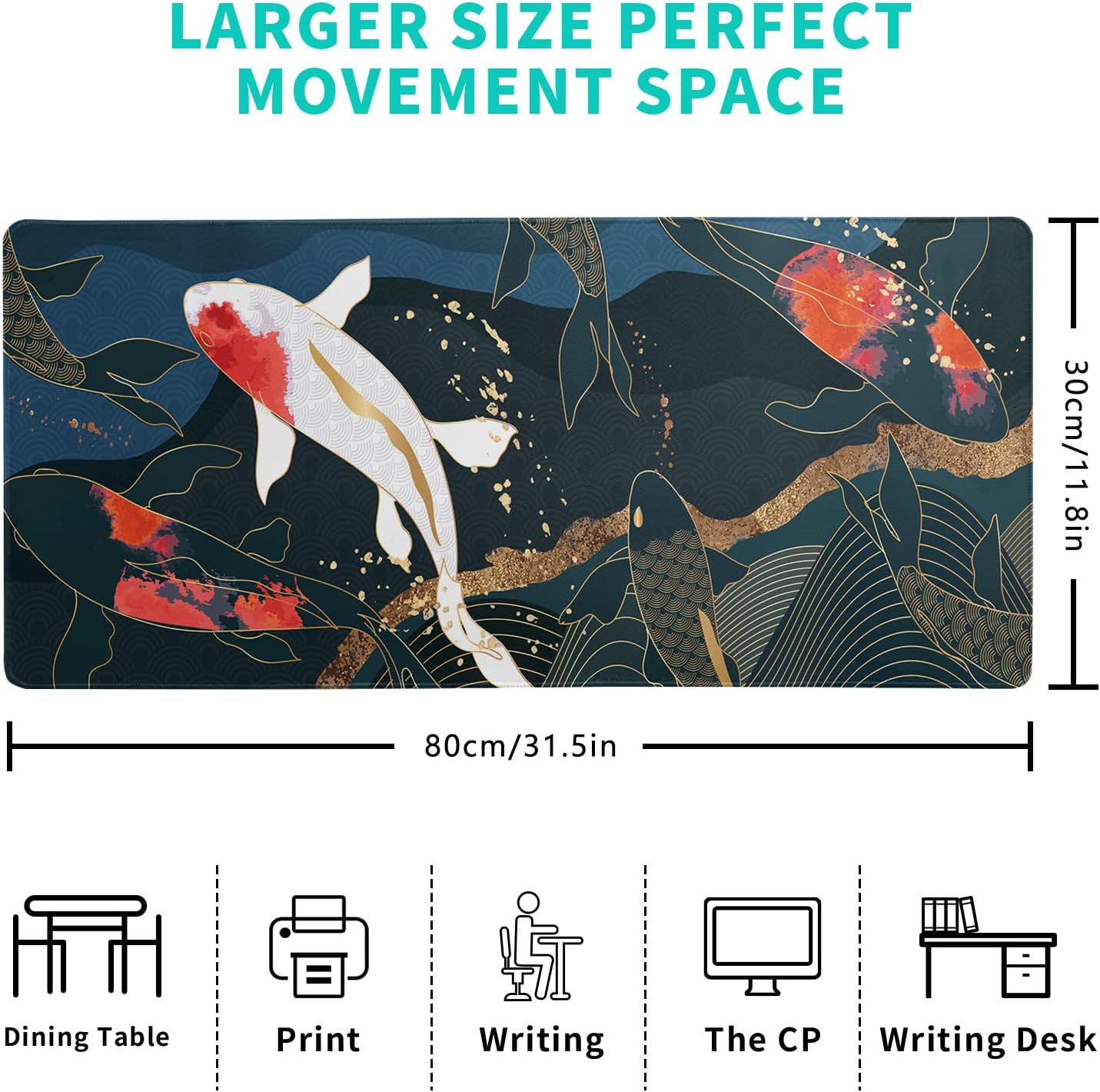 Fish Art Mouse Pad 31.5x11.8 Inch Japanese Gaming Full Desk Mousepad Extended Large Non-Slip Rubber Base Waterproof Big Keyboard Mat with Stitched Edges for Home Gaming and Office