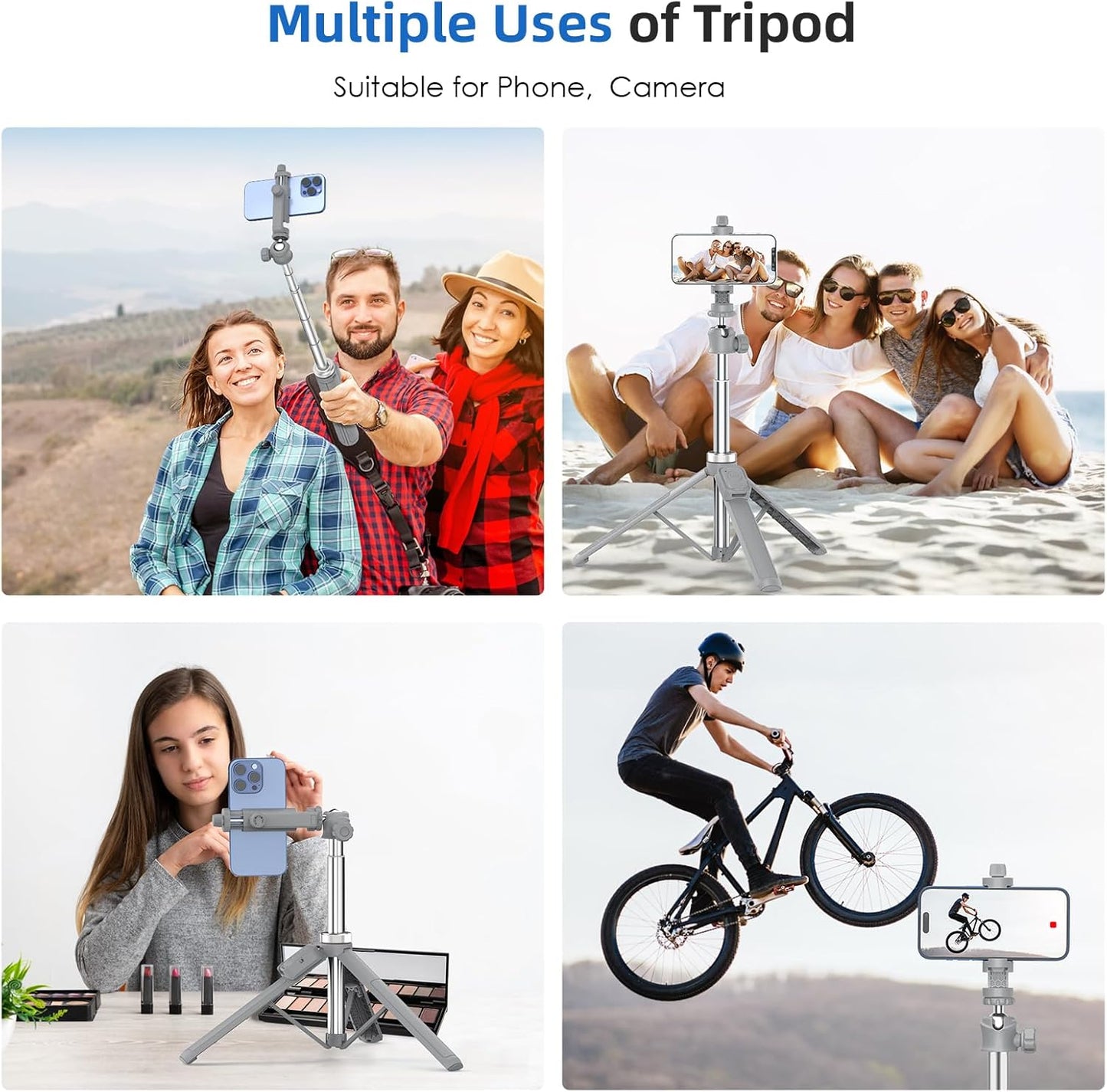 Extendable Tripod for iPhone with Remote, 360° Ball Head Upgraded Cell Phone Tripod for Video Recording, iPhone 14/13/12 Pro Max/Android/GoPro, 62in