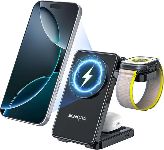 Wireless Charger Charging Station for Apple: 3 in 1 Wireless Charger Multiple Devices for iPhone 16/15/14/13/12 - Fast Travel Charger Stand for Apple iWatch Ultra 5/4/3 AirPods Pro 4/3/2(18W Adapter)