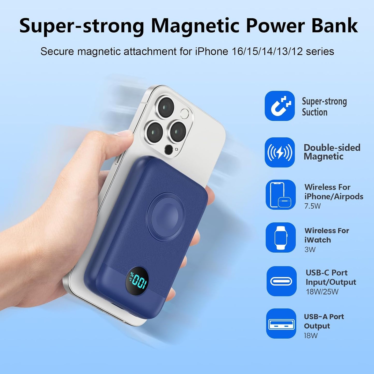 Magnetic Portable Charger for iPhone, 10800mAh 4-in-1 Wireless Power Bank with iWatch Charger, 25W PD Fast Charging Battery Pack for Magsafe, iPhone 16/15/14/13/12 Series, Apple Watch (Blue)