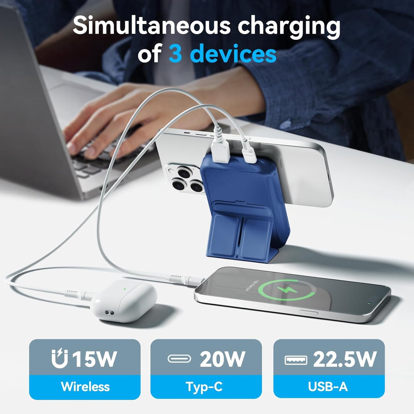 Magnetic Power Bank, 10000mAh Wireless Portable Charger with 20W USB-C Fast Charging, Foldable Stand & LED Display Battery Pack, Compatible with iPhone 16/15/14/13/12, Blue