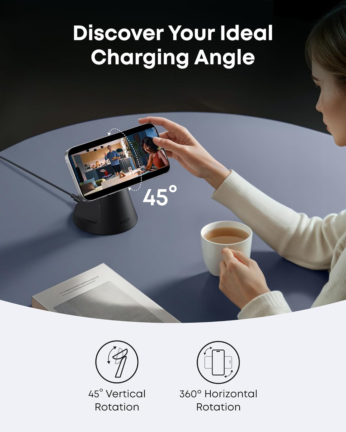 Anker MagSafe Charger Compatible, MagGo 3-in-1 Charging Station, Nano Charging Stand, Qi2 Certified 15W Magnetic Wireless Charger Dock Stand, For iPhone16/15/14, Apple Watch,AirPods (Adapter Included)