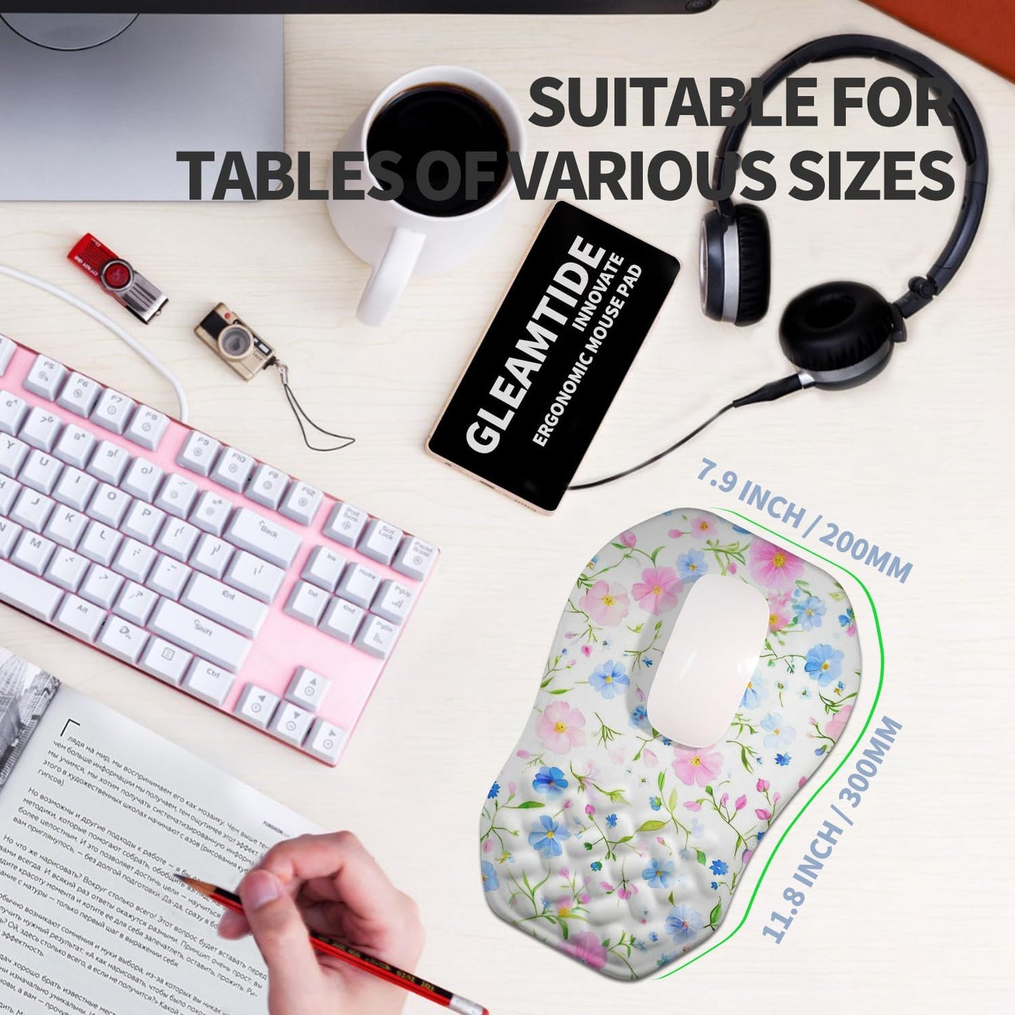 Ergonomic Raised Mouse Pad Wrist Support with Bilateral Slope Memory Foam Mousepad for Wrist Rest and Carpal Tunnel Pain Relief 11.8x7.9〃 Little Flower