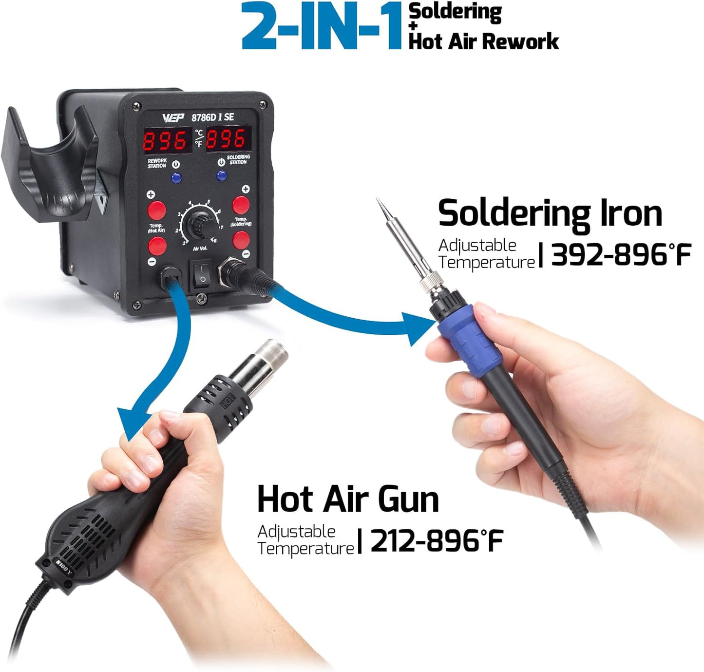 WEP 8786D-I SE Hot Air Soldering Iron Station Kit 2-IN-1 for Rework, Desoldering with Lead-Free Solder Wire, 5 Soldering Tips, 3 Hot Air Nozzles,Tweezers, Desoldering Pump