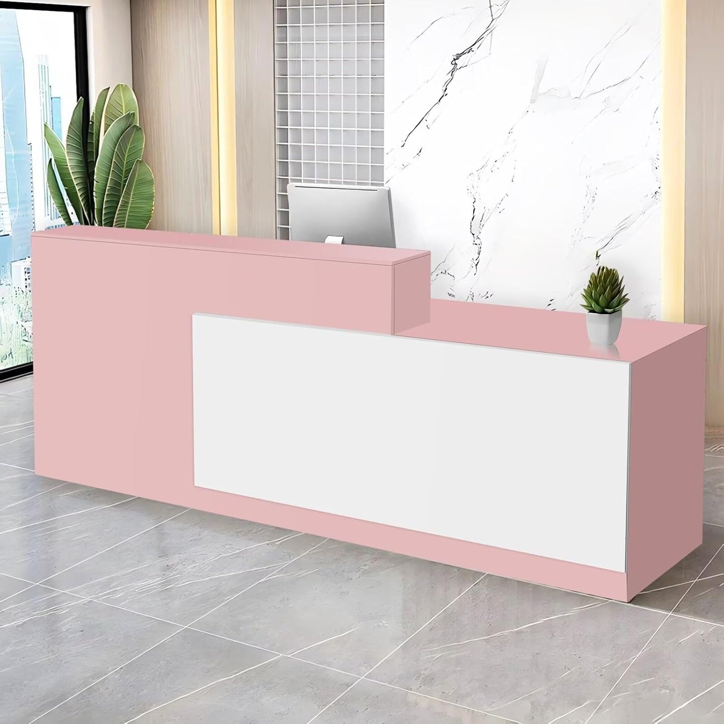 Reception Desk with Counter Modern Checkout Counter with Lockable Drawer Keyboard Tray Receptionist Desk for Office Salon Reception Table T Right 71inch/180cm