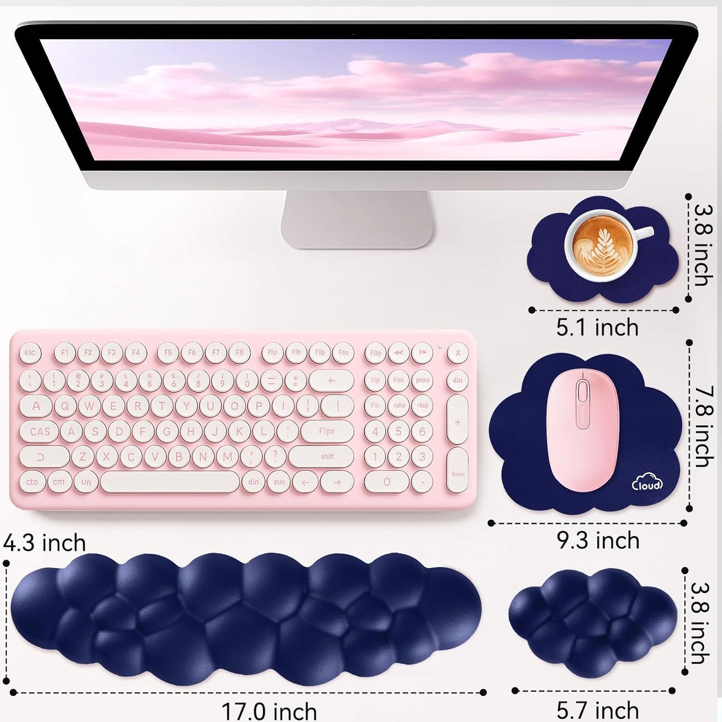 Cloud Wrist Rest for Computer Keyboard, 4-in-1 Memory Foam Leather Cloud Keyboard Wrist Rest and Mouse Pad Set with Ergonomic Support for Arm and Palm Cushion, Gaming/Work Setup, Dark Blue