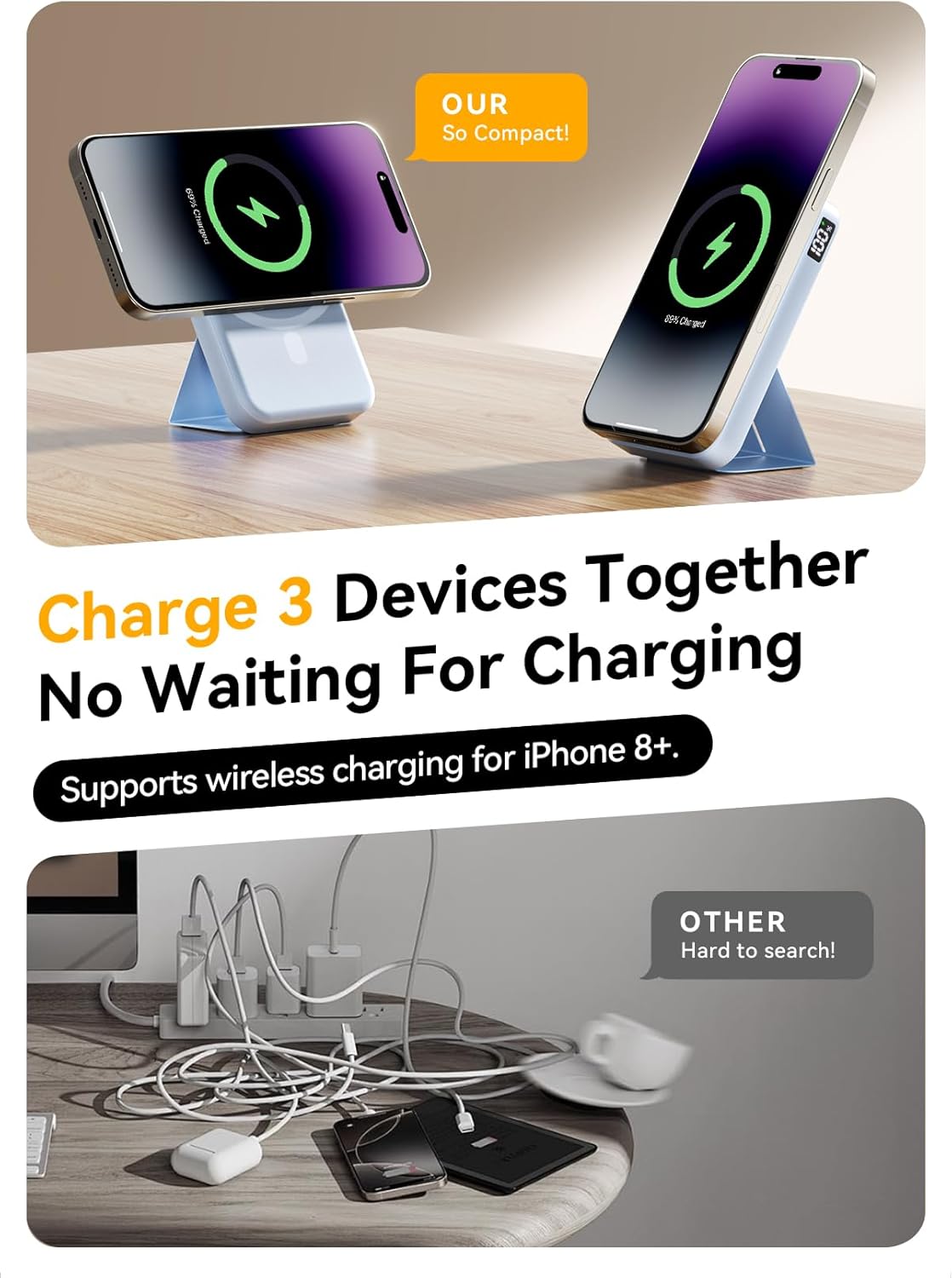 Magnetic Portable Charger, 10000mAh Wireless Power Bank with 20W USB-C Fast Charging, Foldable Stand & LED Display Magnetic Battery Pack, Compatible with iPhone 16/15/14, Sky Blue