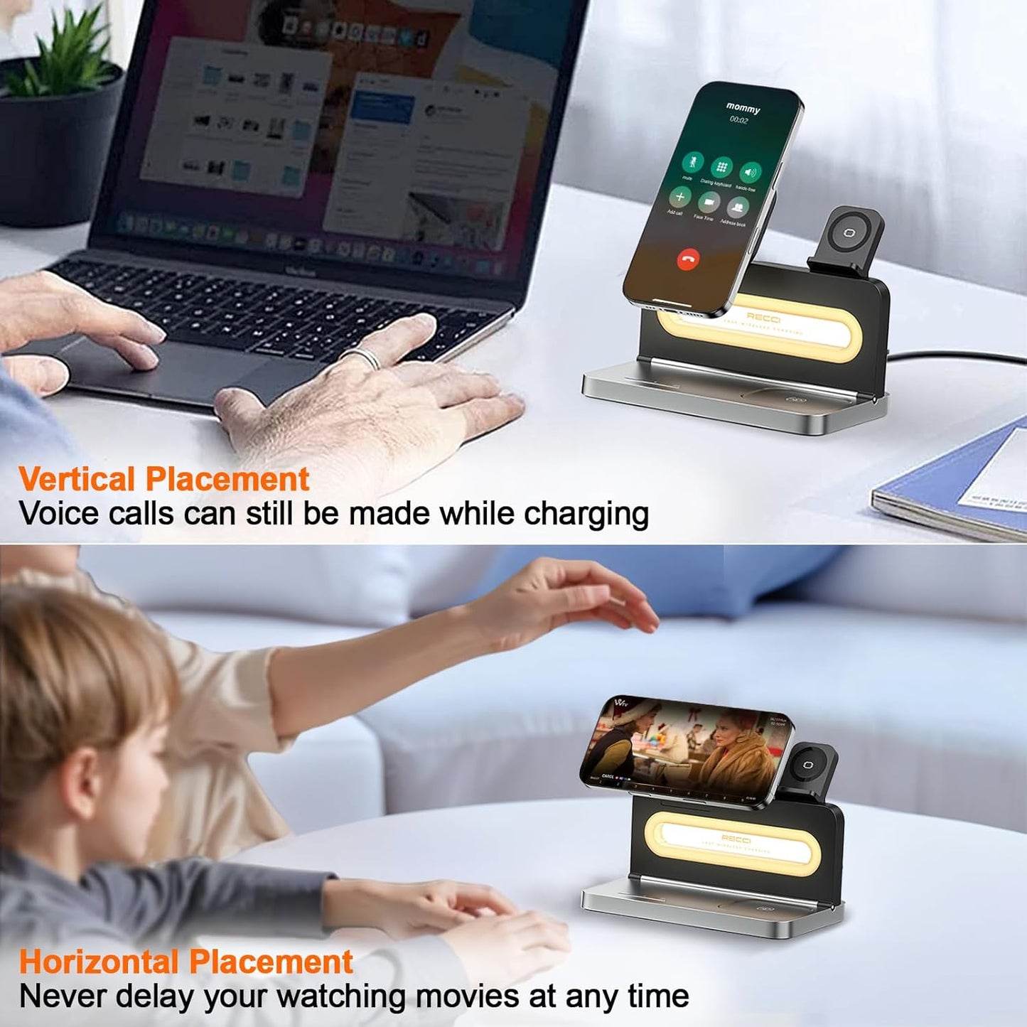 4-in-1 Wireless Charger with Adjustable Night Light, Magnetic Foldable Stand for iPhone 12-16/Apple Watch/AirPods, 15W Fast Charging Bedside Dock - Multi-Device Compatible