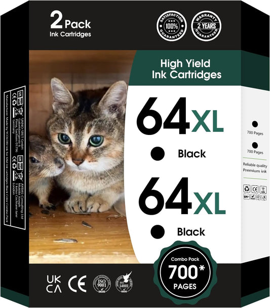 64XL Black Ink Cartridges Black Compatible for HP 64 XL High Yield Replacement for HP Printers 7858 7855 7120 7155 7158 7164 6255 6252 6232 Envy Inspire 7955e Tango X Printers