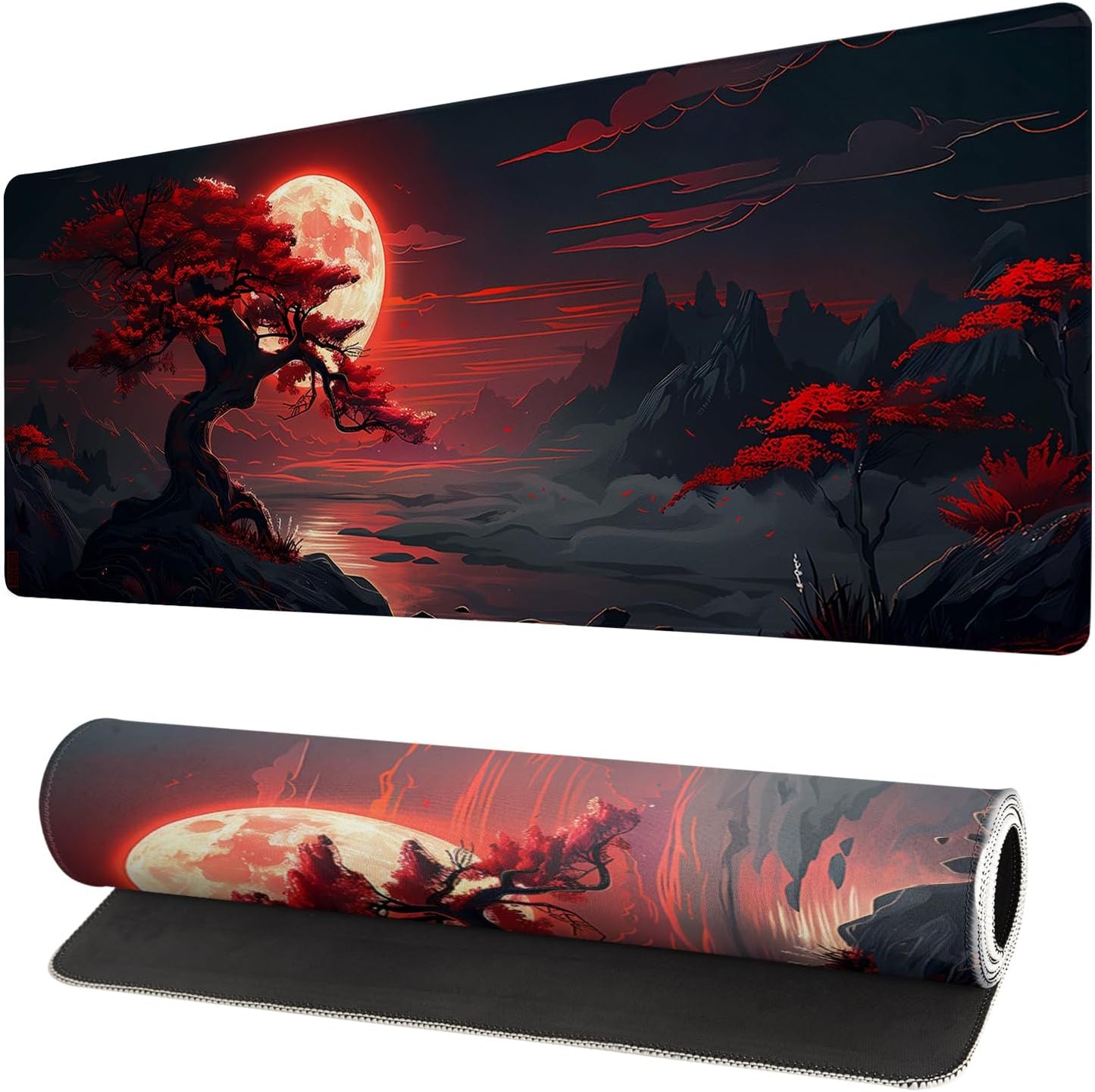 Extended Gaming Mouse Pad, Large Desk Mat XL Anime Mouse Pad Waterproof with Stitched Edges, Non-Slip Desktop Pad for Home and Office, Level Up Your 31.5x11.8 Inch (Darkness Red Moon)