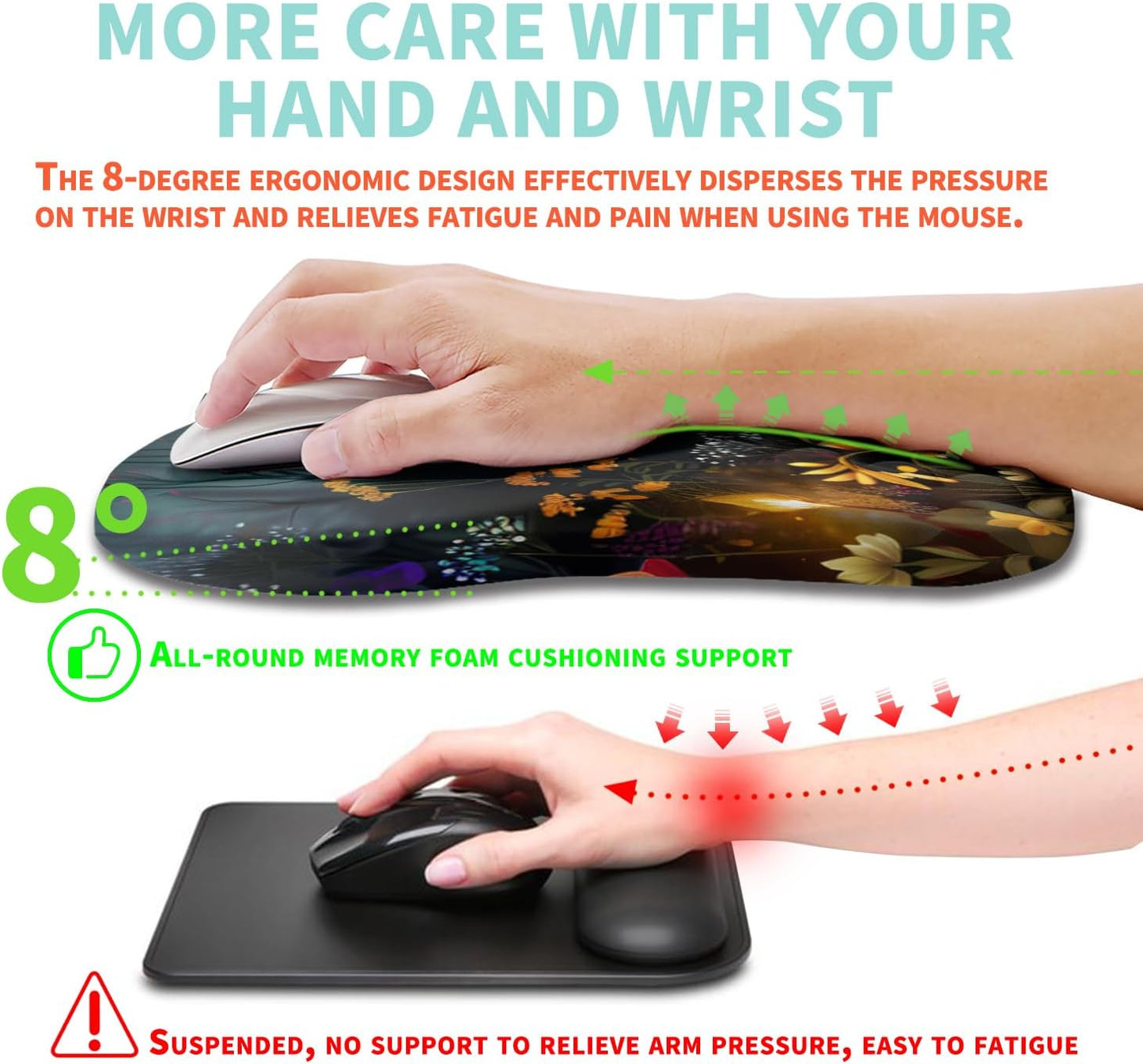 Ergonomic Mouse Pad Wrist Support with Memory Foam Massage Bulge, Carpal Tunnel Pain Relief Mousepad Wrist Rest for Mouse(12x8 inch, Midnight Forest)