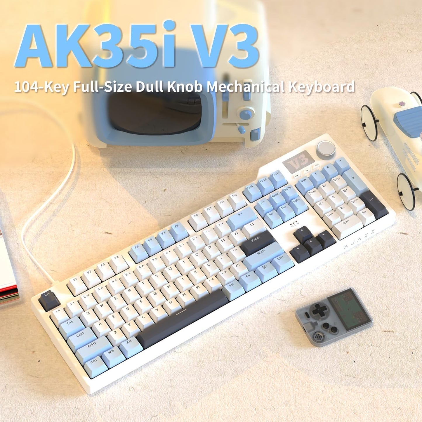 AJAZZ AK35I V3 104-Key Full Size Wired Gasket Mount Gaming Keyboard with Multimedia Buttons & Knob Control | Five Layer Pad | OEM Profile PBT Keycaps | Blue Backlit Custom Keyboard