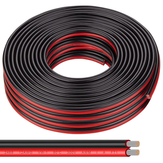 12AWG Tinned Copper Electrical Wire - 50FT, 2 Conductor Parallel, Black, PVC Insulated, Solar Panel, LED, Automotive, RV, Inverter Compatible