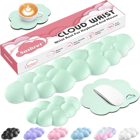 Cloud Wrist Rest for Computer Keyboard, 4-in-1 Memory Foam Leather Cloud Keyboard Wrist Rest and Mouse Pad Set with Ergonomic Support for Arm and Palm Cushion, Gaming/Work Setup, Light Green