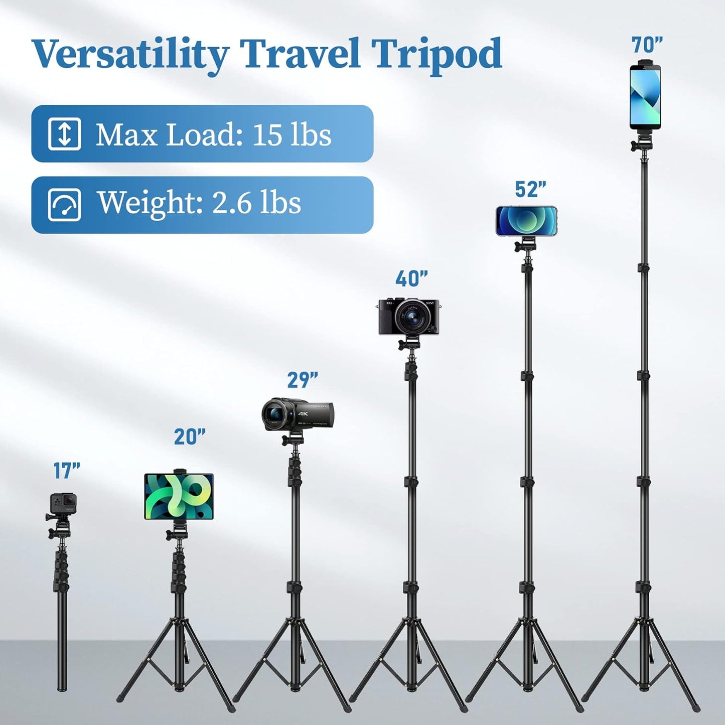 Phone Tripod, 70" Selfie Stick Tripod Stand Cell Phone Tripods with Remote Phone Holder Carry Bag, Aluminum Alloy Selfie Stick Tripods, Compatible with iPhone Samsung GoPro Smartphone
