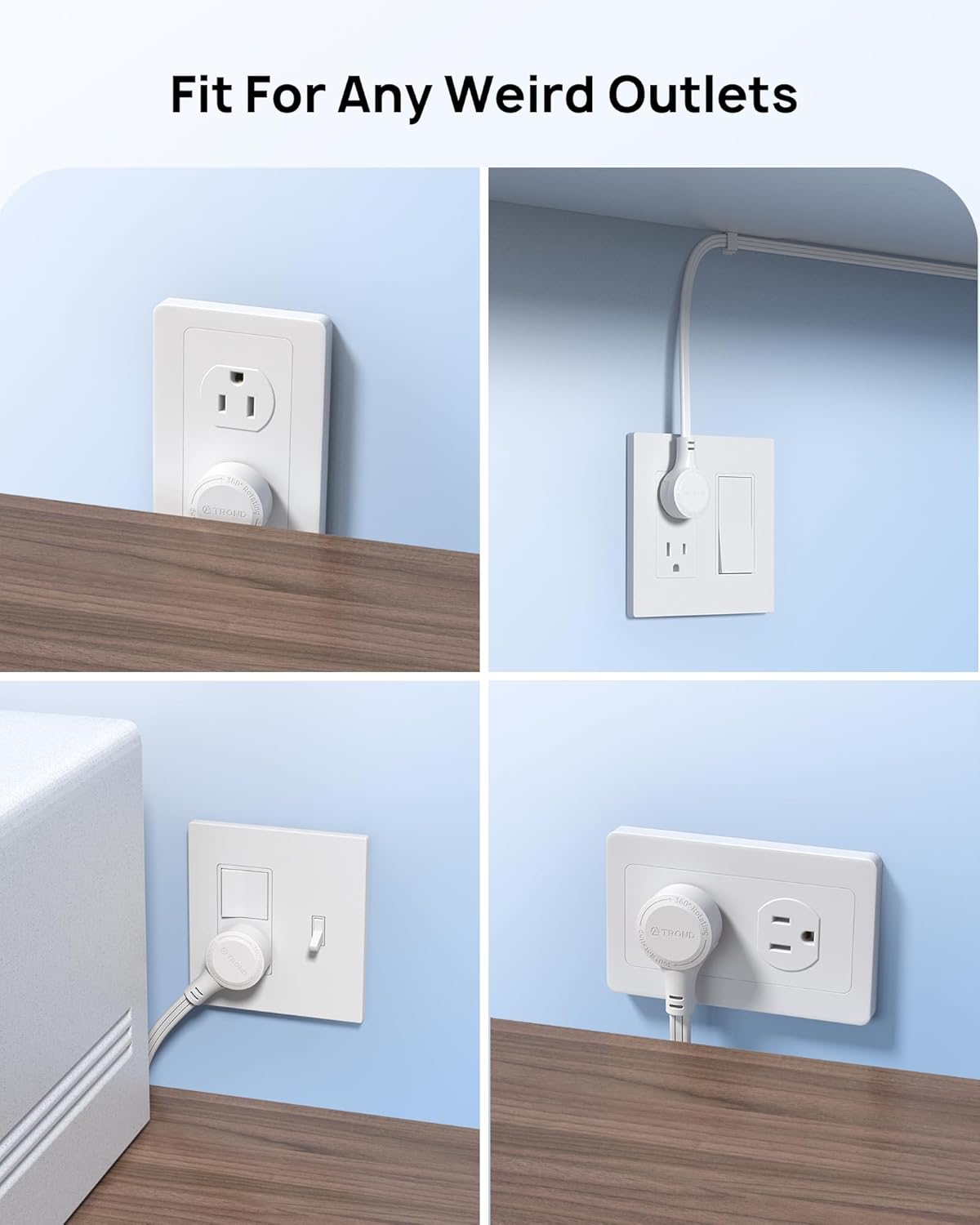 TROND 360° Rotating Flat Plug Extension Cord Surge Protector 6ft, Small Power Strip with 900 Joules, 3 Side Grounded Outlets, 13A, SPT 16/3 Gauge Wire, for Indoor Home Office Dorm Room Travel, White