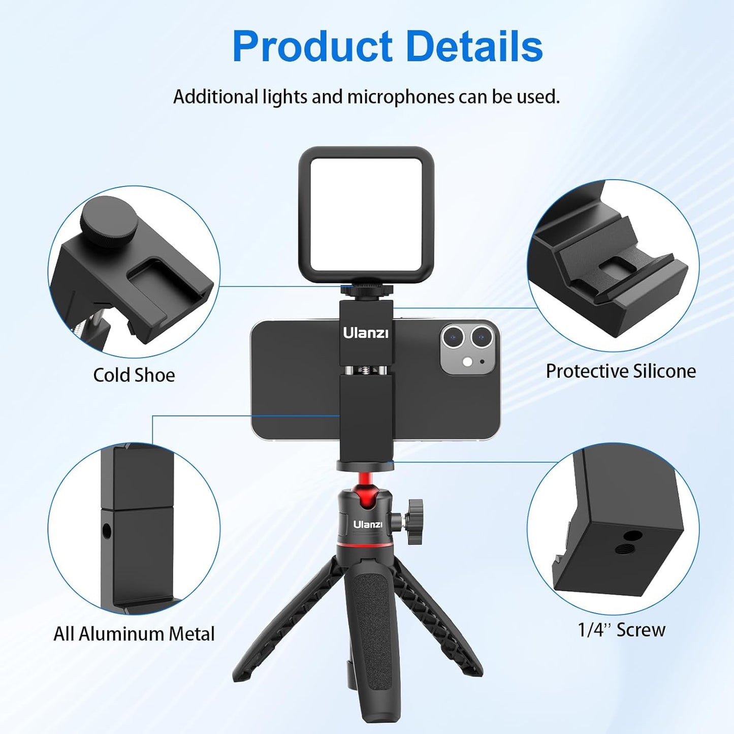 ULANZI ST-02S Aluminum Phone Tripod Mount w Cold Shoe Mount, Support Vertical and Horizontal, Universal Metal Adjustable Clamp for iPhone 12 11 Pro Xs X Max 8 7 Plus Samsung Android Smartphones