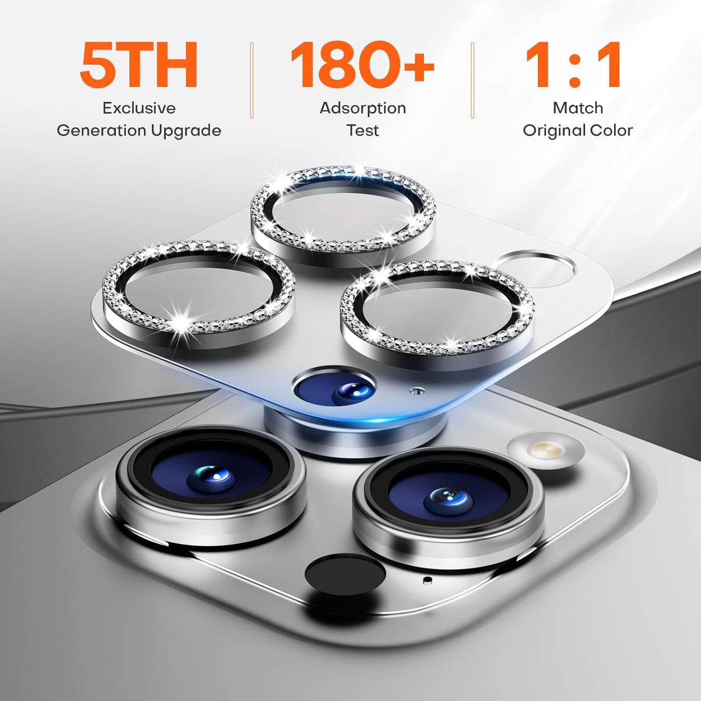 Camera Lens Protector for iPhone 16 Pro Max/16 Pro/15 Pro Max/15 Pro/14 Pro Max/14 Pro, Aluminum Alloy Sapphire Glass Camera Screen Cover, Case Friendly-Silver Diamond