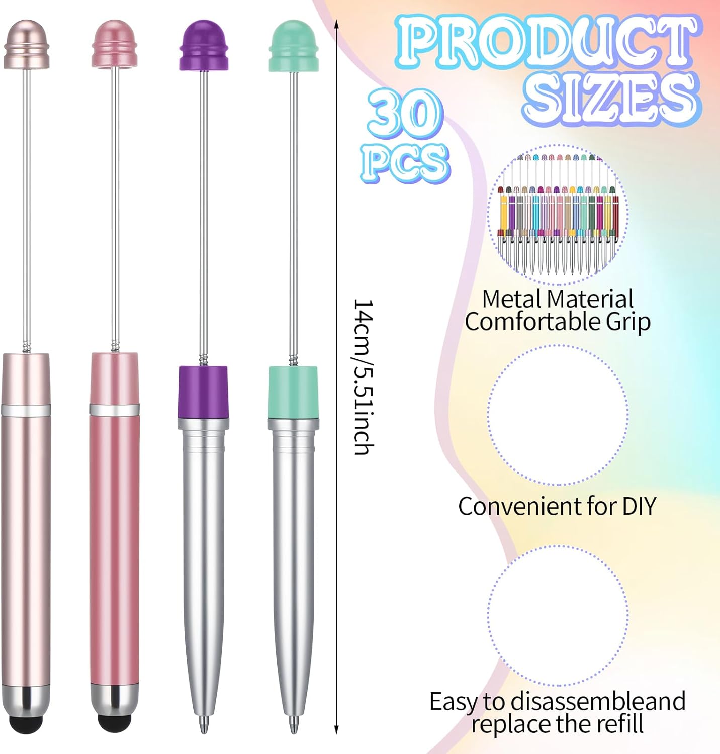 Qilery 30 Pcs Beaded Pens with Stylus Tips Plastic Beaded DIY Stylus 2-in-1 for Rubber Touch Screen Handwriting Ballpoint Pen 1.0mm, Black Ink, Office Supplies(Rainbow)