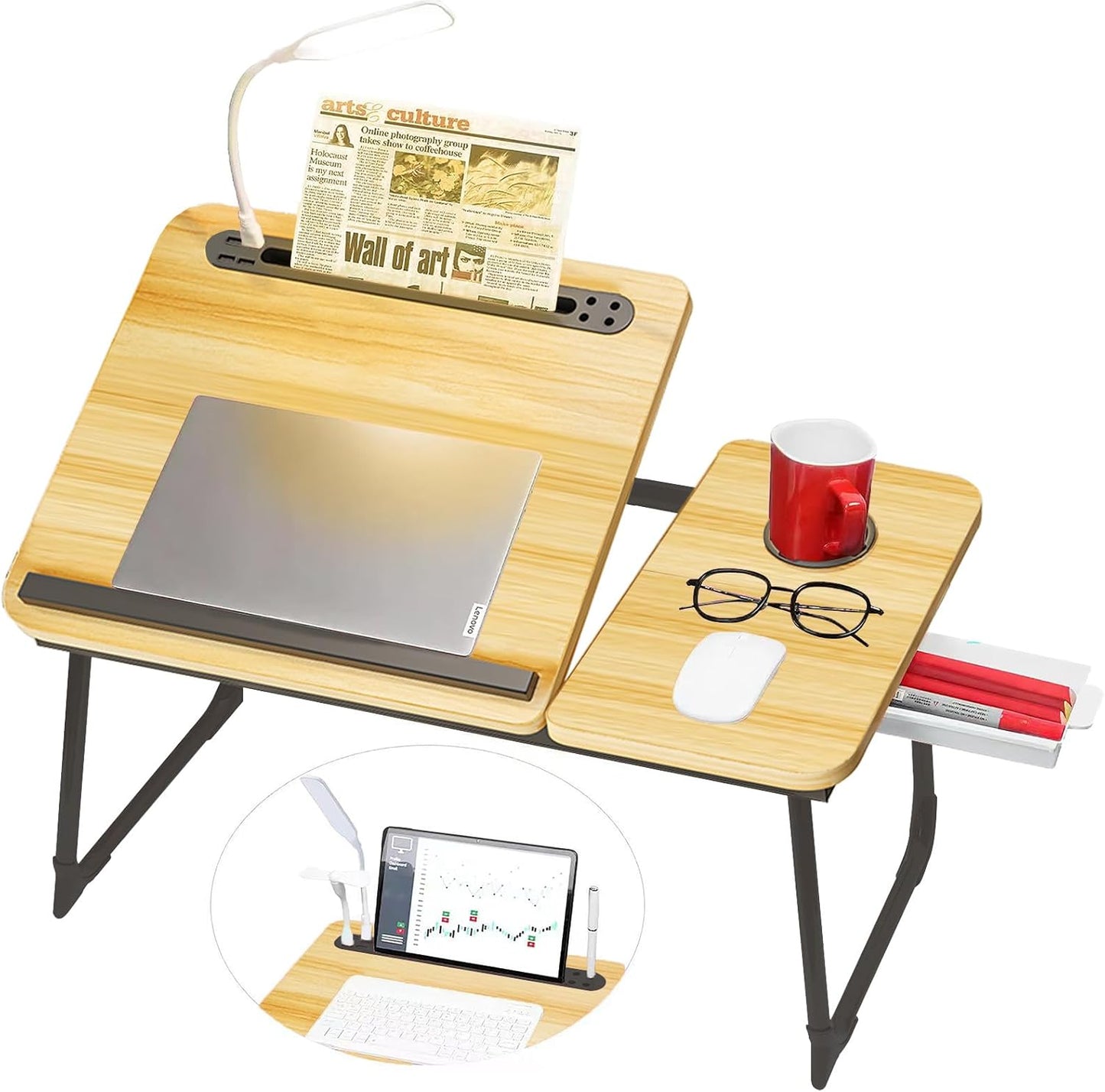 CloudTrip Plus XL Adjustable Laptop Desk with Light, USB Port, iPad Holder, Drawer Storage - Larger 23.6IN Adjustable Lap Desk for Bed, Home Office, Breakfast Tray, Fordable Legs Desk (Walnut)