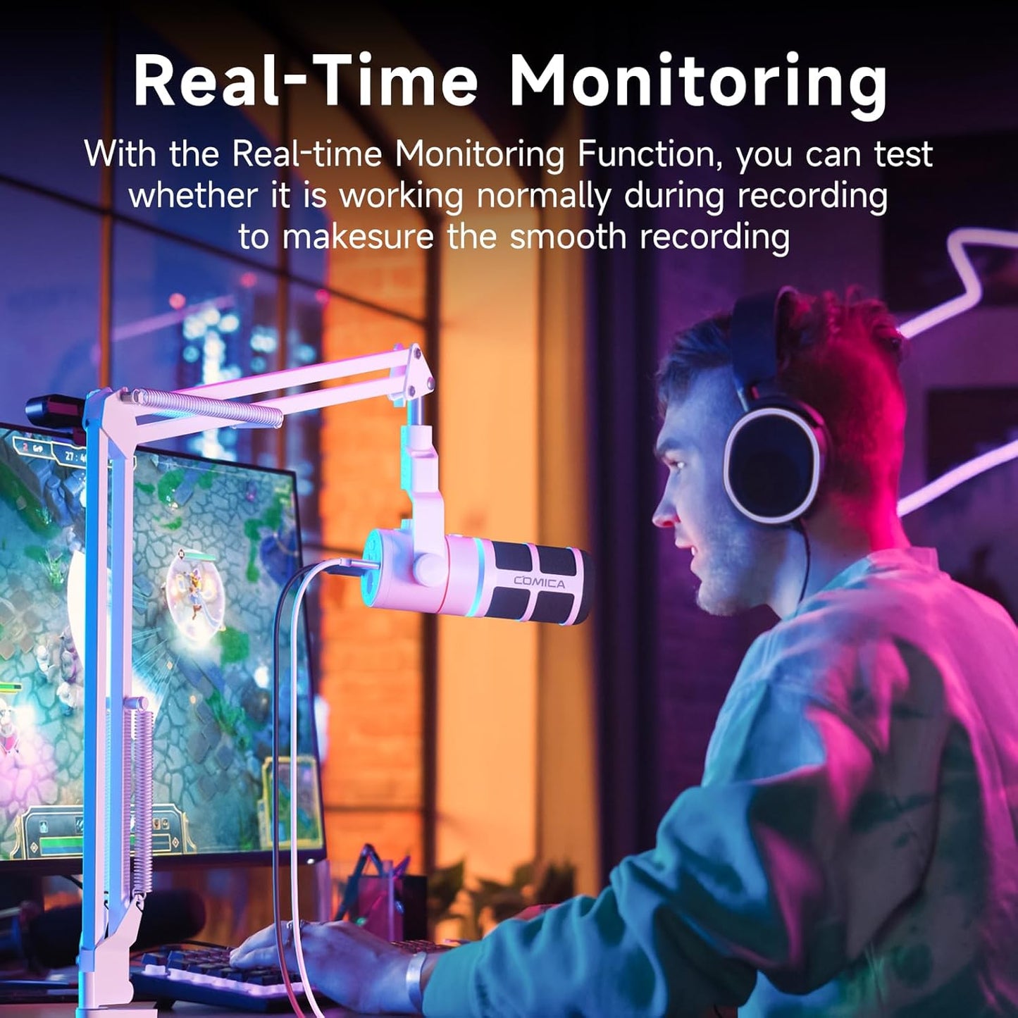 COMICA EJoy D10(A) USB Gaming Microphone – Boom Arm Mic with Noise Cancellation, XLR/USB-C, Real-Time Monitoring, Muting, RGB Professional Studio Mic for Gaming, Streaming, Podcast, Recording (White)