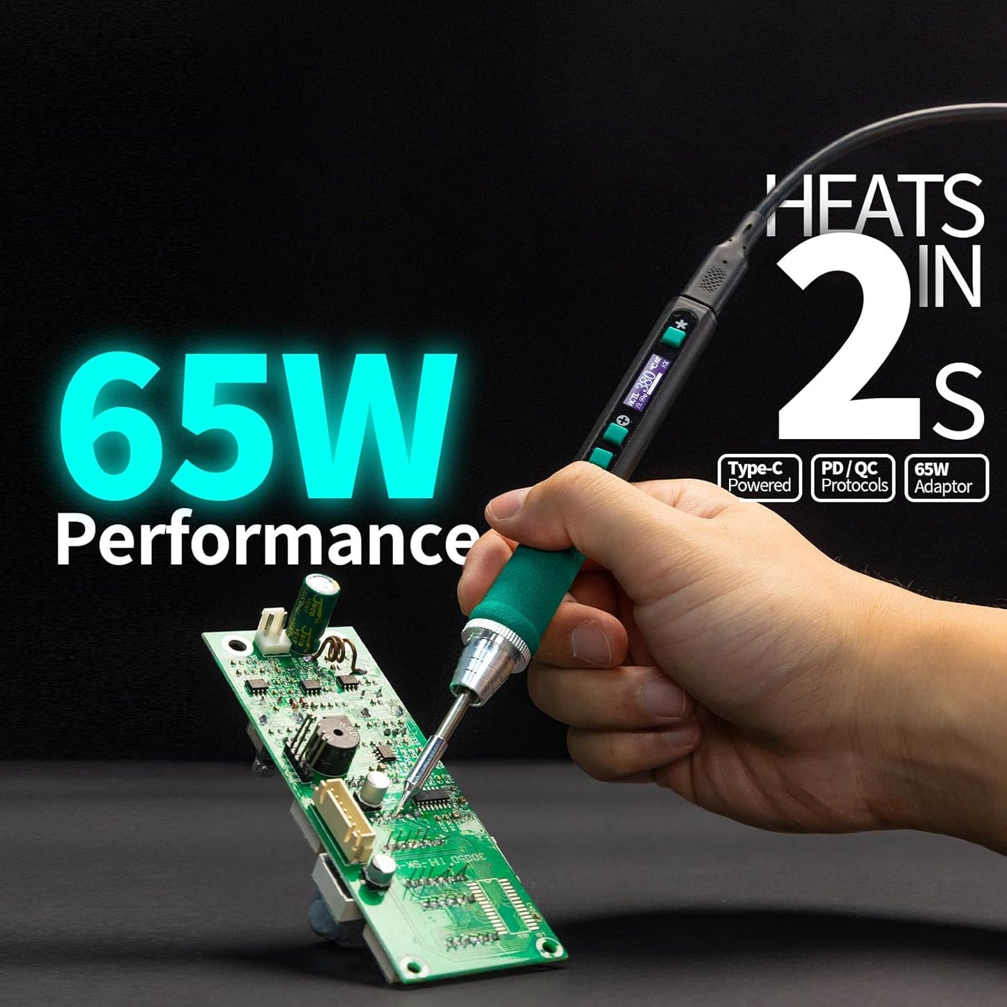 YIHUA 928D-IV Soldering Iron Pen Kit DC 65W Support PD QC, Type C Portable Soldering Station with 3 Tips, Solder Wire, Protective Cap