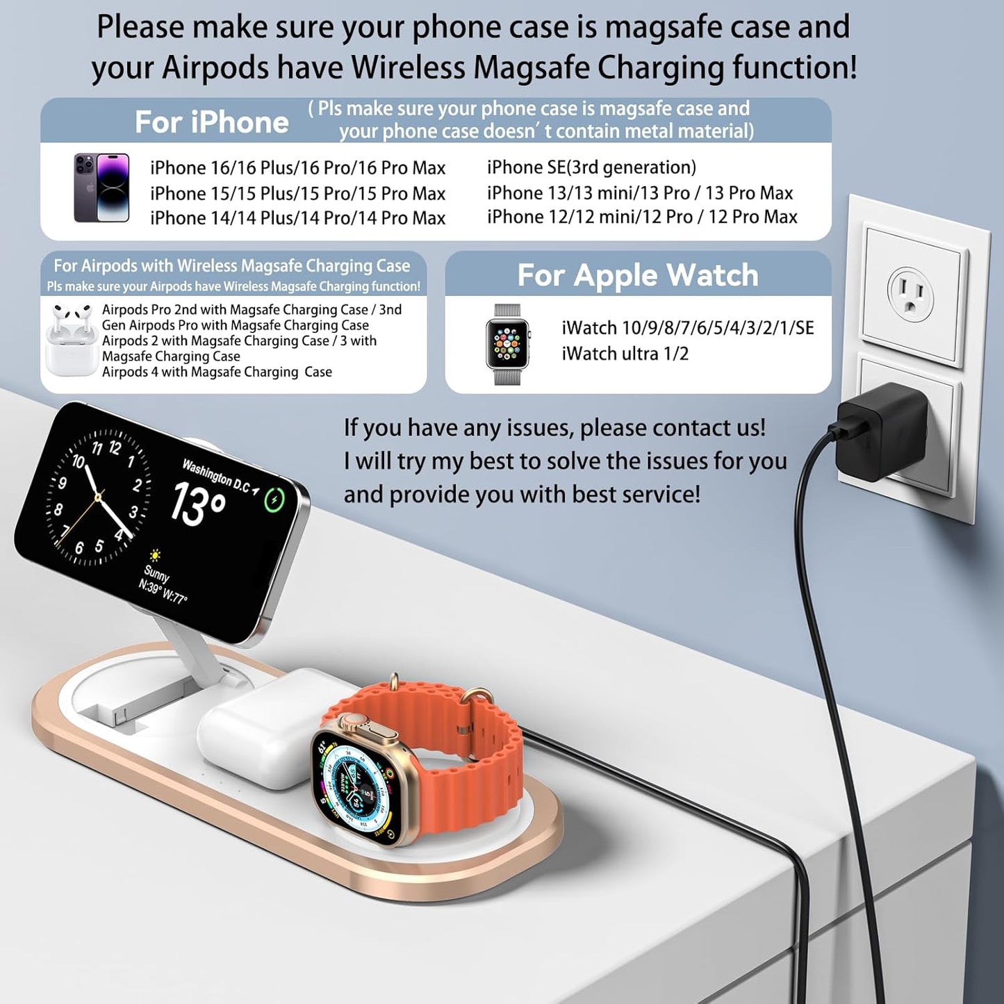 3 in 1 Wireless Charger for iPhone, Foldable Charging Station for Magsafe for iPhone 16/15/14/13/12/Pro Max/Pro/Mini/Plus, Apple Watch 10/9/8/7/SE/6/5/4/3/2/1/Ultra2/Ultra, AirPods pro/2/3/4 (Golden)