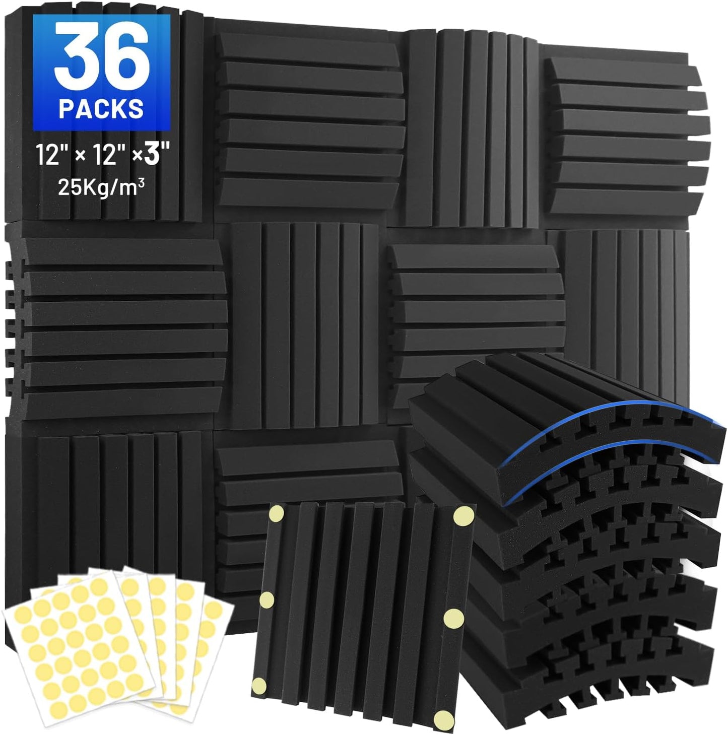 Focusound 36 Pack Curved Acoustic Foam Panels 3" x 12" x 12" Sound Proof Foam Panels Soundproofing Noise Cancelling Wedge Panels for Home Office Recoding Studio with 240 PCS Double-Side Adhesive
