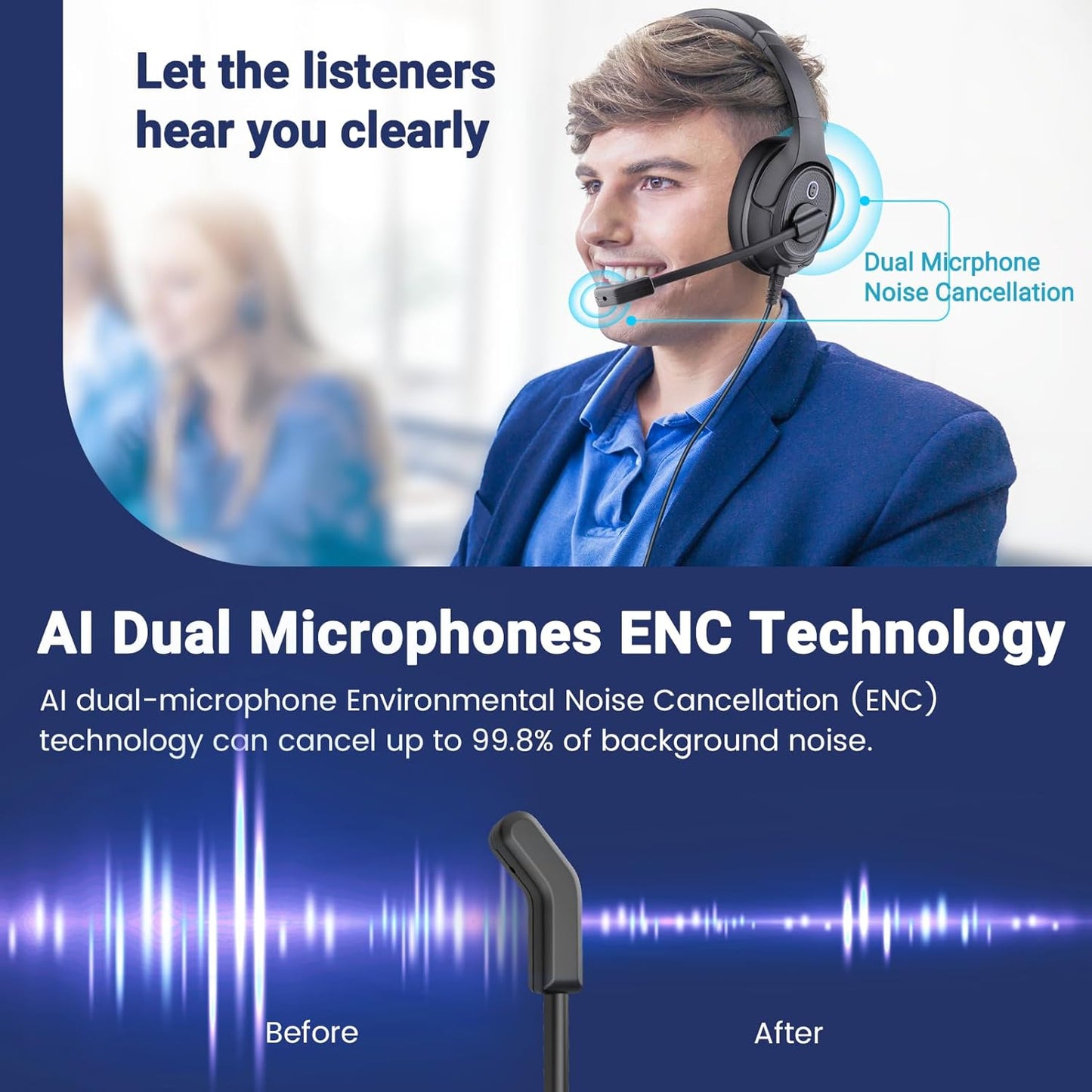 Headset with Microphone for PC, USB Computer Headsets AI-Powered Environmental Noise Cancelling Headphone with Busylight, Mic Mute Boom & Volume Control, Wired Over-Ear Headset for Laptop/Work/Office