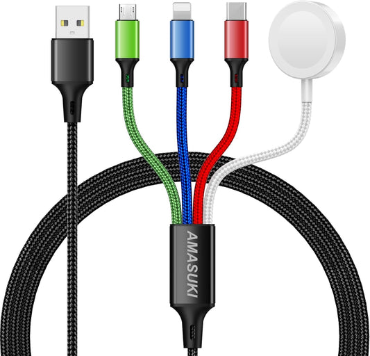 Upgraded Travel Essentials for Apple Watch Charger 4 in 1 Multi Charging Cable iWatch Charger Camping Essentials USB C/L/Micro Compatible with iWatch Series 10-1/SE/iPhone 16 15/Galaxy Android-4FT