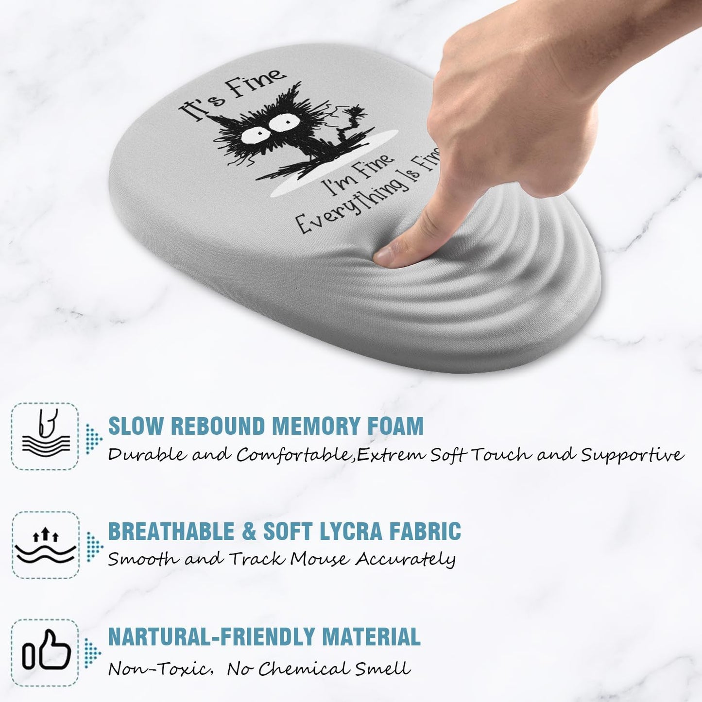 Mouse Pad, Ergonomic Mouse Pad with Wrist Rest Support and Non-Slip PU Base, Desktop Mousepad for Pain Relief, Computer, Office & Home, Grey Cat I'm Fine