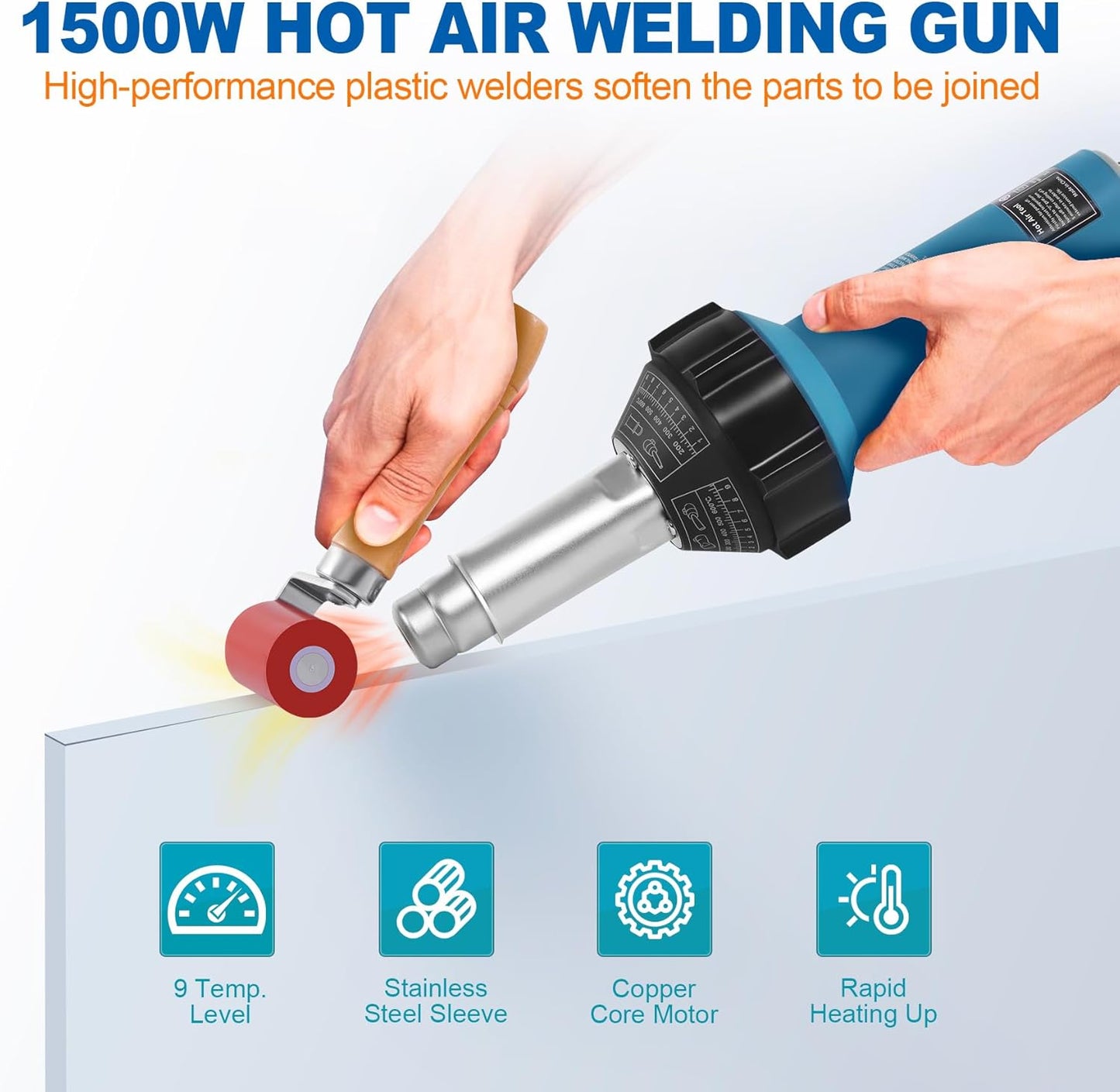 Iglobalbuy 1500W Hot Air Plastic Welder Plastic Welding Roofing Kit Vinyl PVC TPO Welding Handheld Plastic Hot Air Heat Gun Welding Torch with Various Nozzles