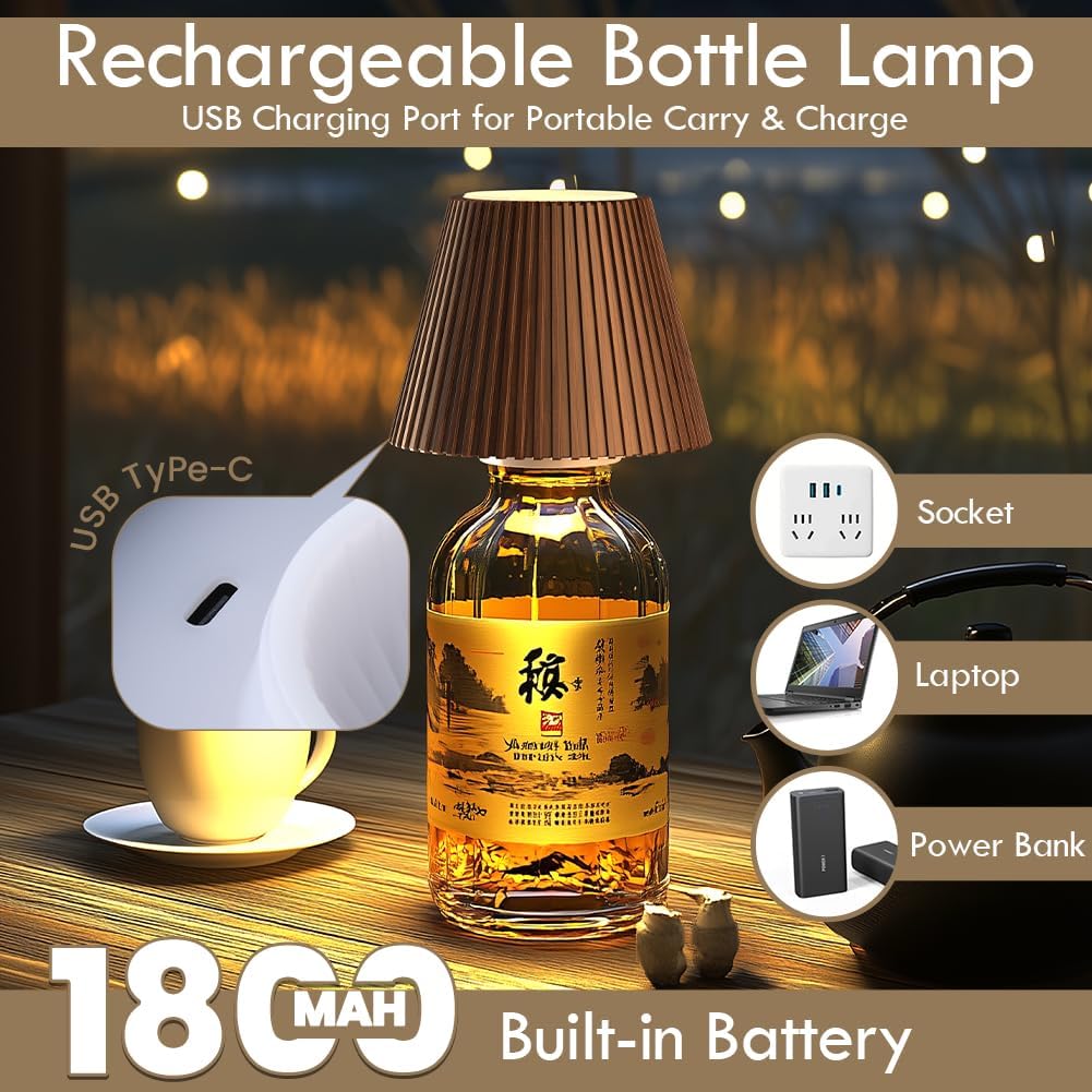 WILIT Wireless Bottle Lamp, 3-Level Brightness Rechargeable Cordless Table Lamp Shades, Night Light, Battery Operated Lamp for Bedroom, Bar Decorations for Home, Gifts for Mom Dad