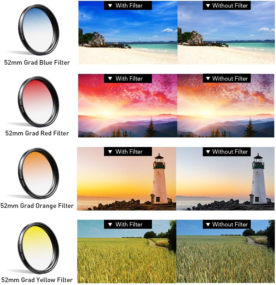 52mm Phone Camera Lens Kit Graduated Color Filter Accessory Kit - Four Color Lens, Star, CPL Filter, ND32 Filter Compatible with iPhone 15 14 Pro Max 13 12 11 & Canon Nikon Sony Cameras