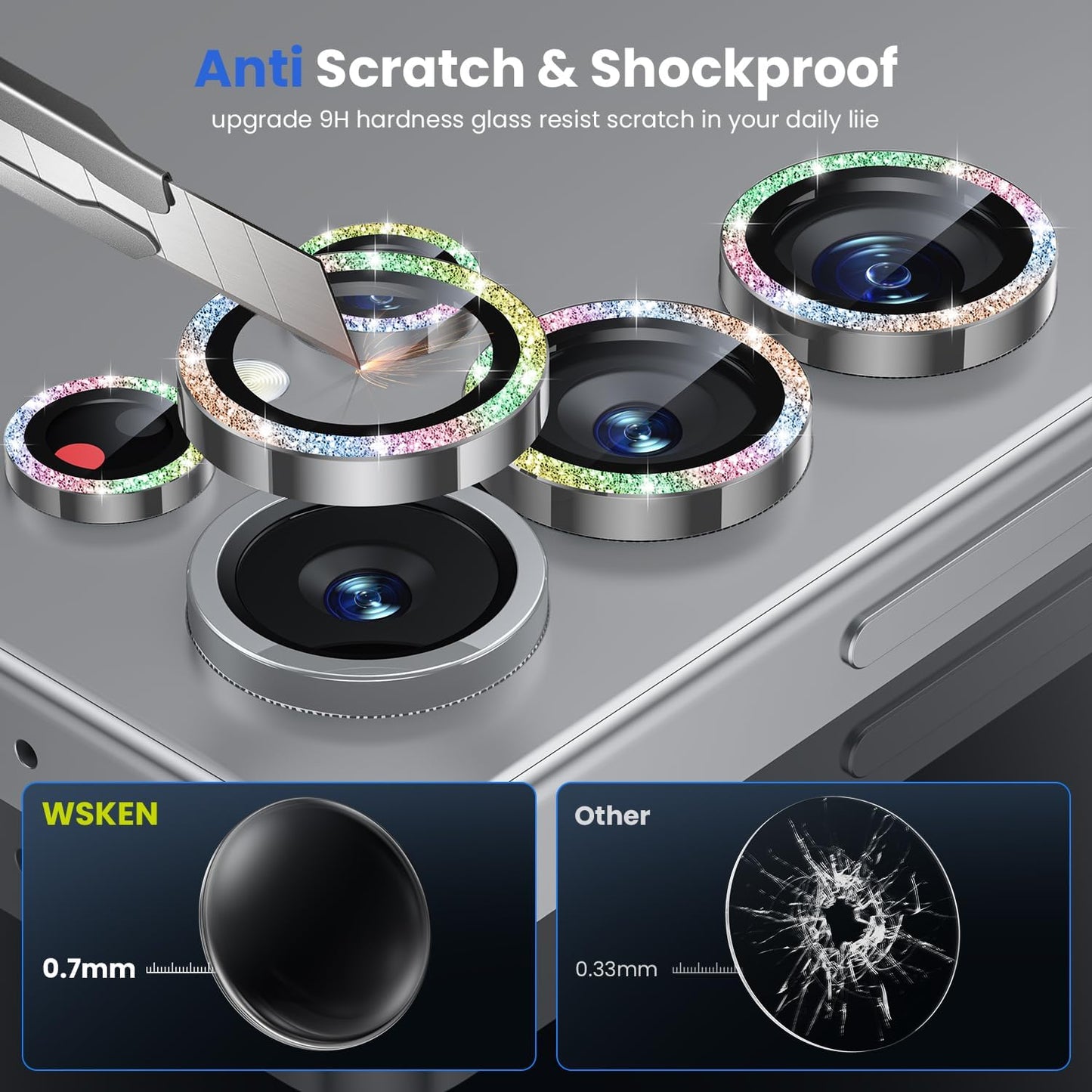 WSKEN for Samsung Galaxy S25 Ultra Camera Lens Protector - Ultra Thin Case Friendly, 9H Shatterproof Tempered Glass with Aluminum Metal Circle Camera Screen Protector Cover Accessories, Glitter Color