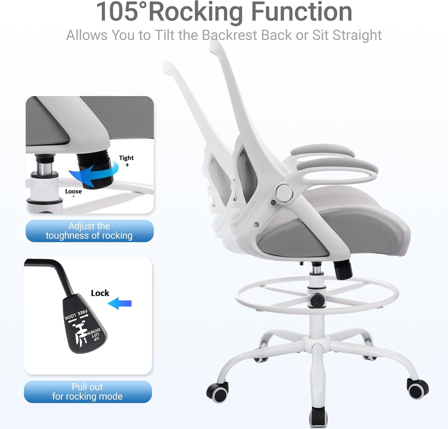HYLONE 400lbs Heavy Duty Drafting Chair 5" Thickened Seat Office Chair with Flip-Up Armrests Tall Ergonomic Computer Chair with Lumbar Support and Adjustable Footrest Ring Standing Desk Chair (Grey)