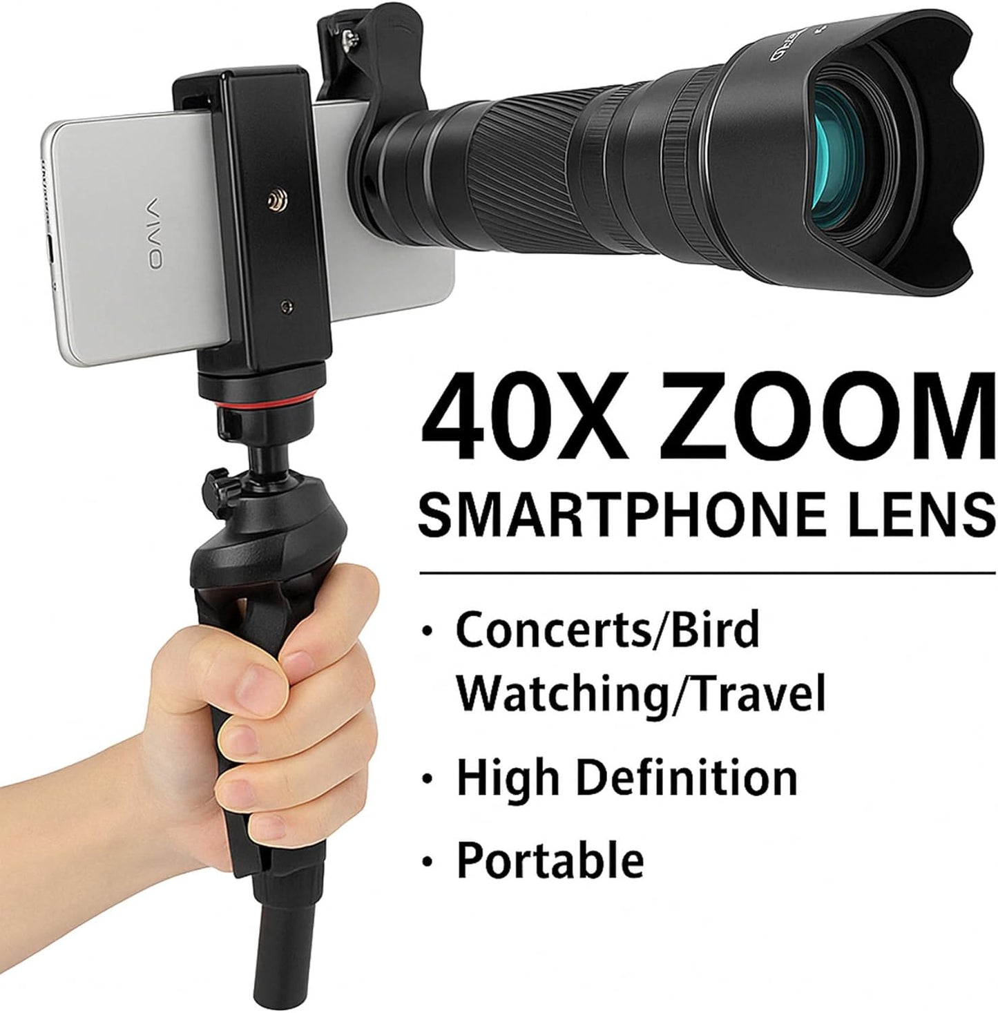40X Telephoto Lens for iPhone Android Phones, 2-in-1 Mobile Phone Camera Lens Kit with Universal Clip, HD Magnifier for Smartphone Photography - Compatible with All Smartphones