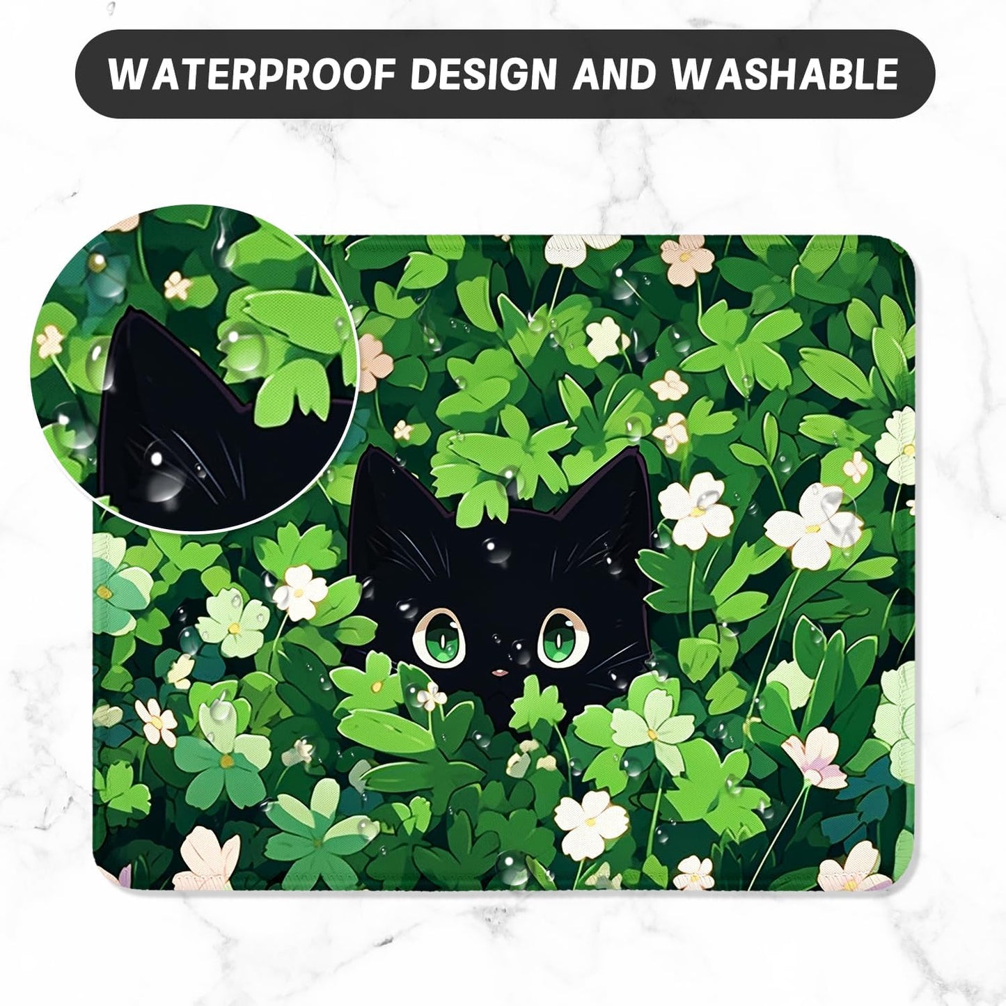 ITNRSIIET Mouse Pad with Stitched Edge Premium Textured Smooth Precise Operation Waterproof Washable Non-Slip Rubber Base Desktop Protection Mat, 10.2×8.3×0.12 inches, Green Leave Cat