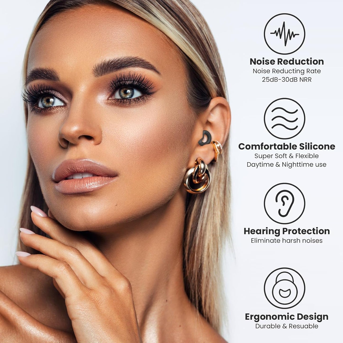 Ear Plugs for Sleeping, 2 Pairs of Reusable Earplugs for Noise Reduction 25dB-30dB with 8 Ear Tips, Soft Hearing Protection Ear Plugs for Concert,Noise Sensitivity, Study & Work, Black